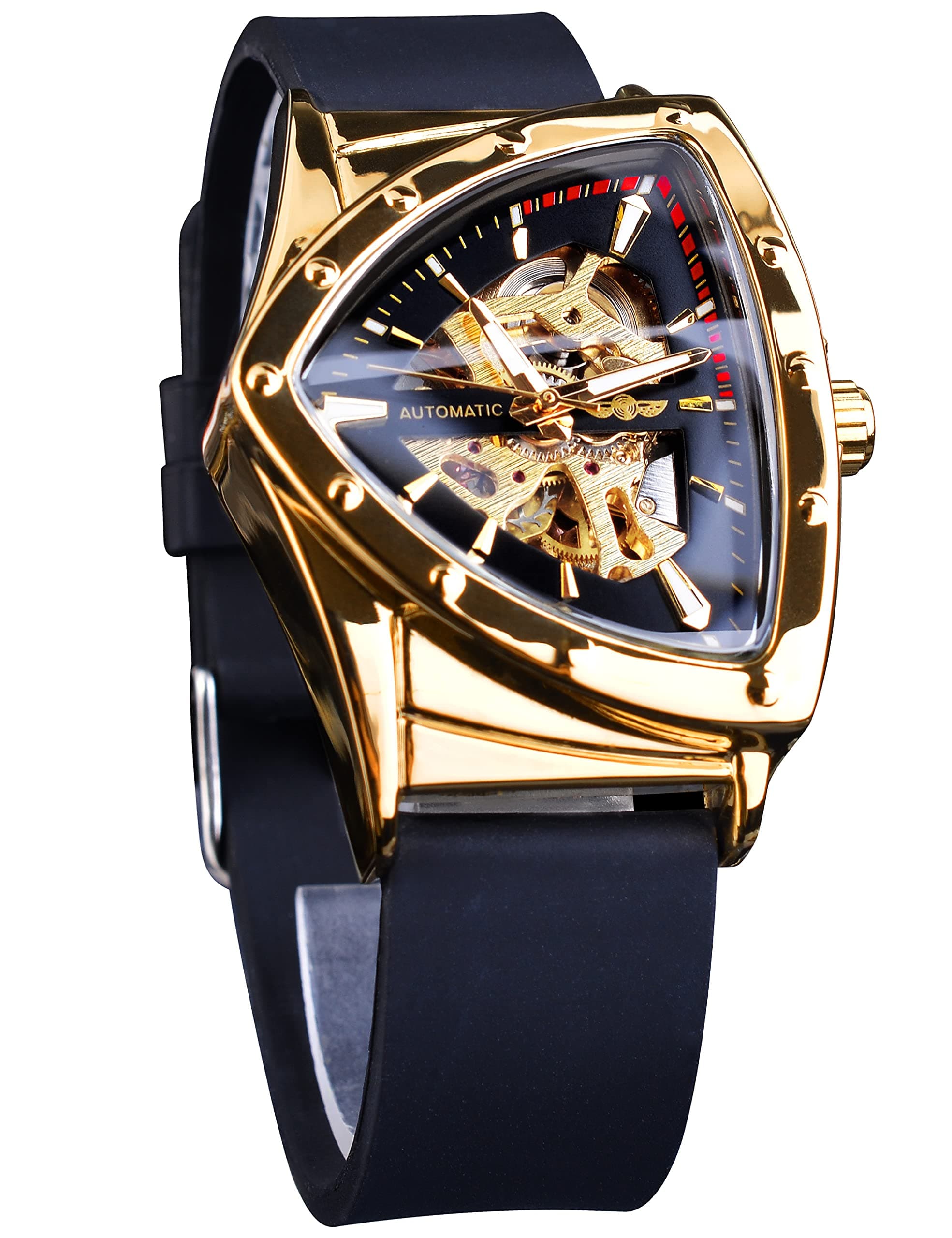 Triangular Gold Shield Automatic Mechanical Watch, Oversized Dial Fully Hollowed Out Dial Design, Automatic Movement, 20MM Wide Stainless-Steel Strap, Strong and Durable