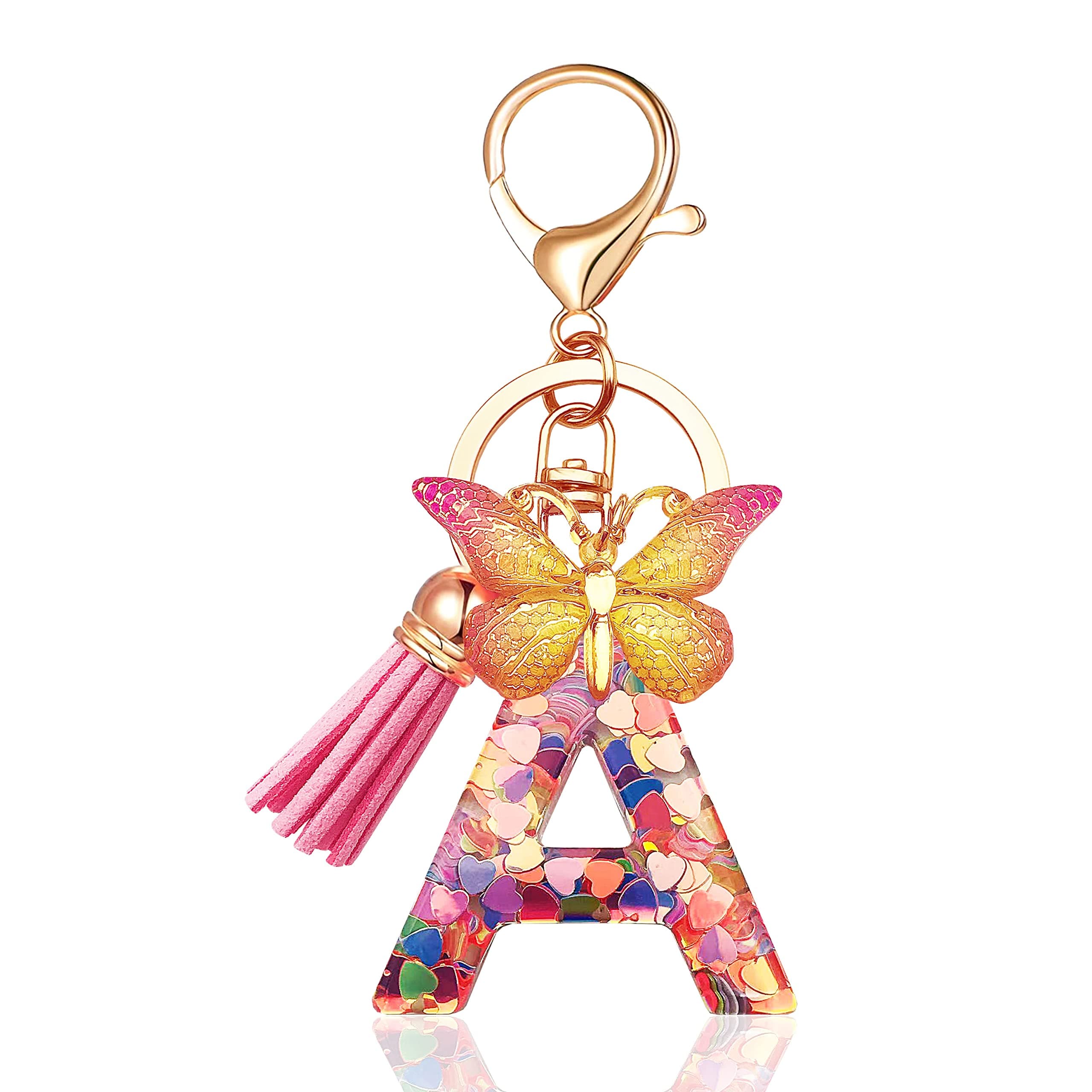 JINGUAZI Initial letter Keychains for Women Tassel Butterfly Pink Purple Cute Car Keychain for Wallet Backpack bag charm