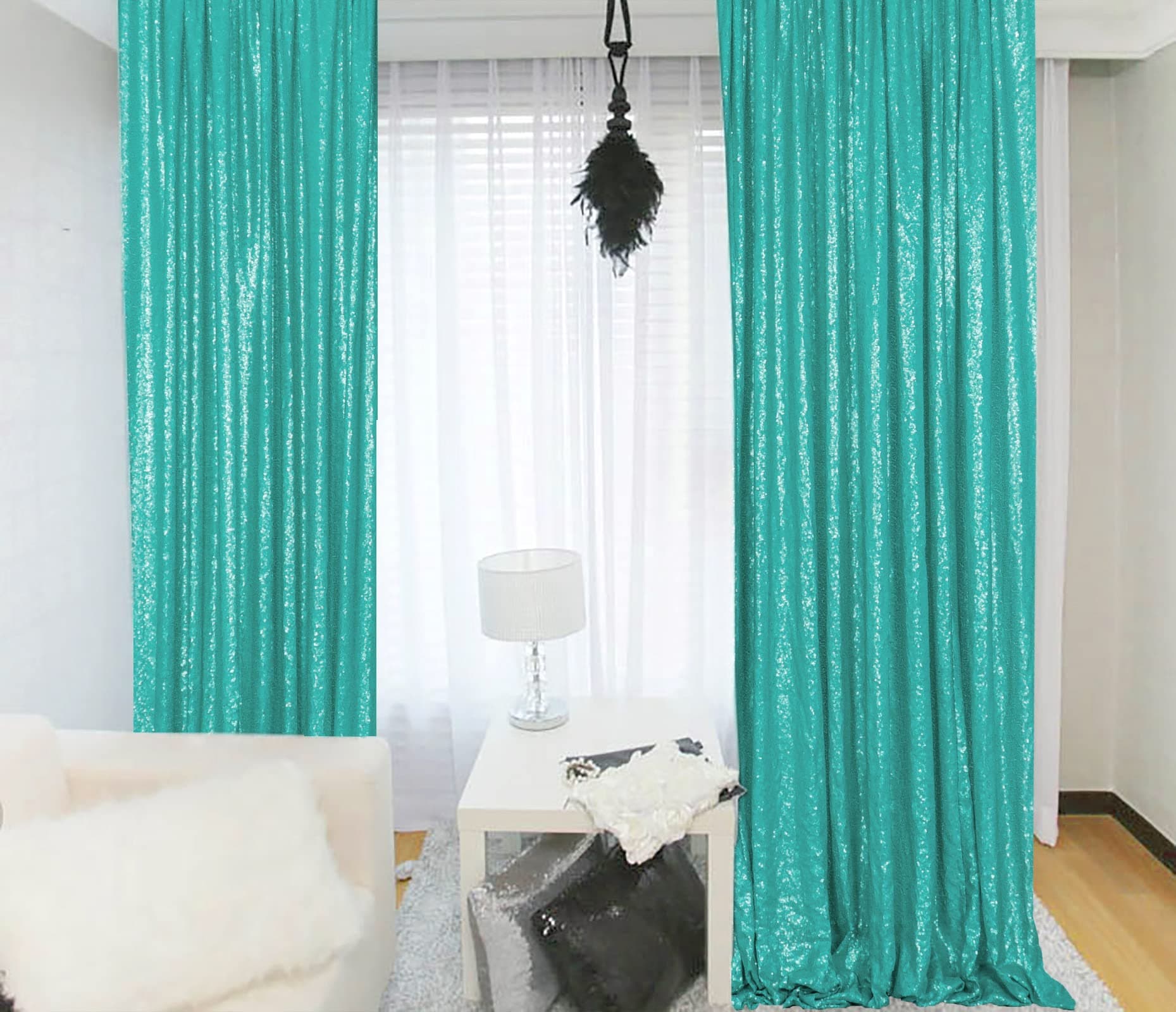 ShinyBeauty Sequin Curtains 2 Panels 2FTx8FT Teal Glitter Curtain Backdrop Party Background Drapes for Wedding Christmas New Year (2FTx8FTx2PC, Teal)