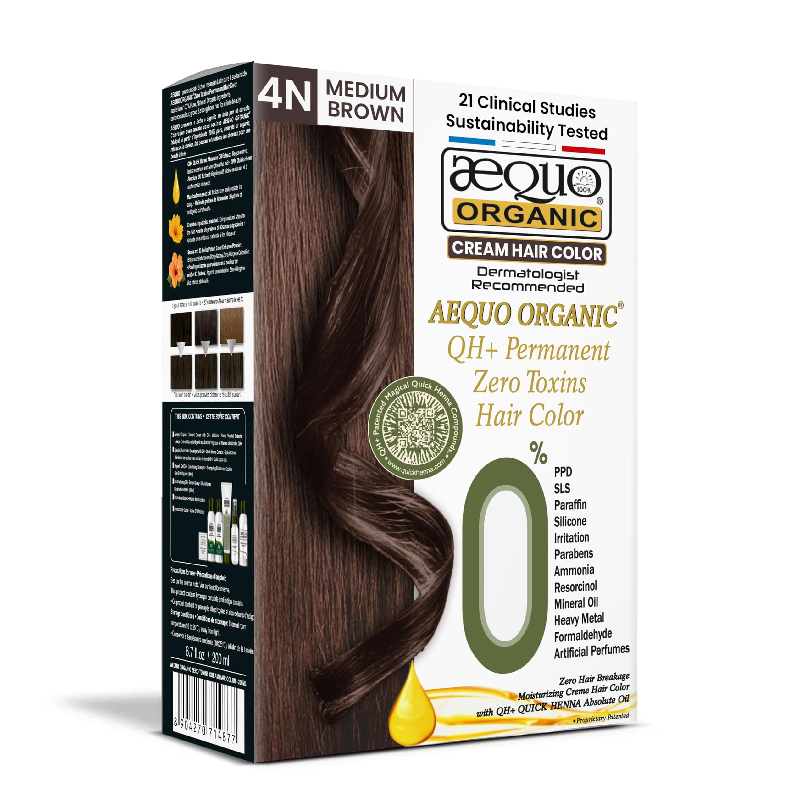 Aequo Organic Cream Hair Dye for Men and Women 200ml Long Lasting Natural Colour for Hair, Beard and Moustache | 100% Grey Coverage 4N Medium Brown 200ml
