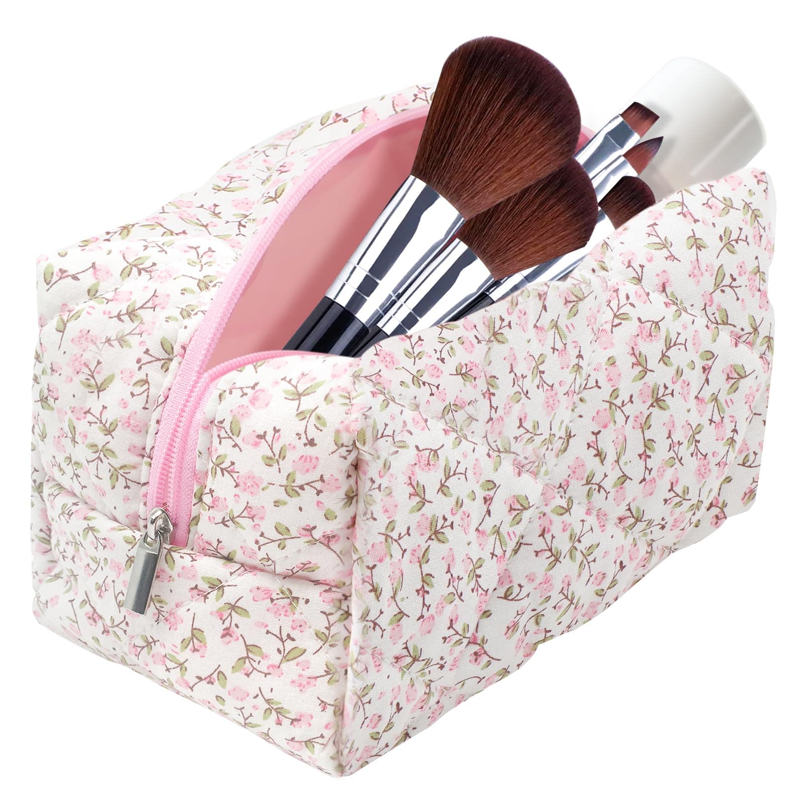 Cotton Quilted Makeup Bag, Cute Pouch Toiletry Bag Cosmetic Bag Quilted Floral Organizer Bag Travel Coquette Aesthetic Portable Storage Zipper Purse for Women (Pink)