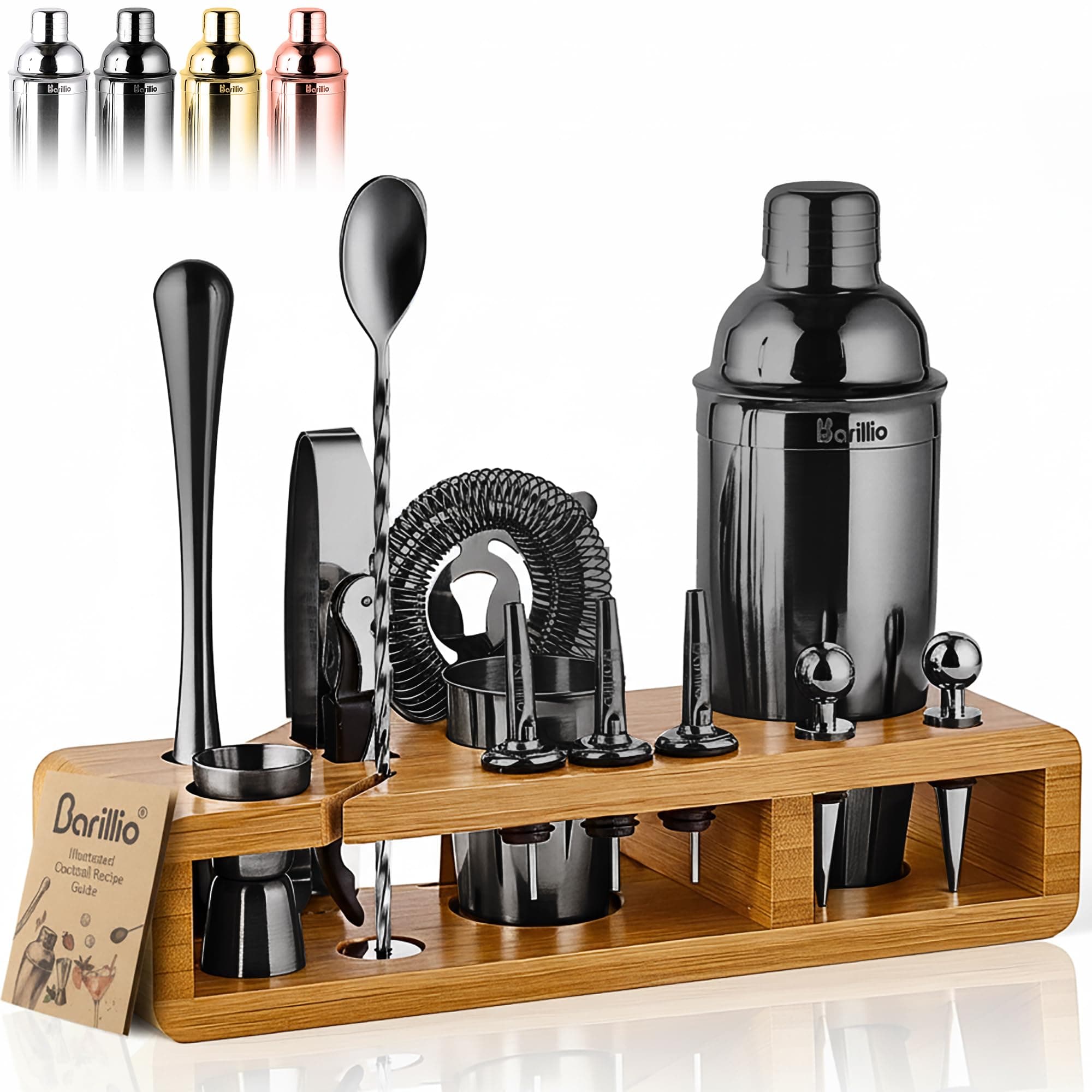 barillio Black 23-Piece Bartender Kit Cocktail Shaker Set : Stainless Steel Bar Tools With Sleek Bamboo Stand, Velvet Carry Bag & Recipes Booklet | Ultimate Drink Mixing Adventure