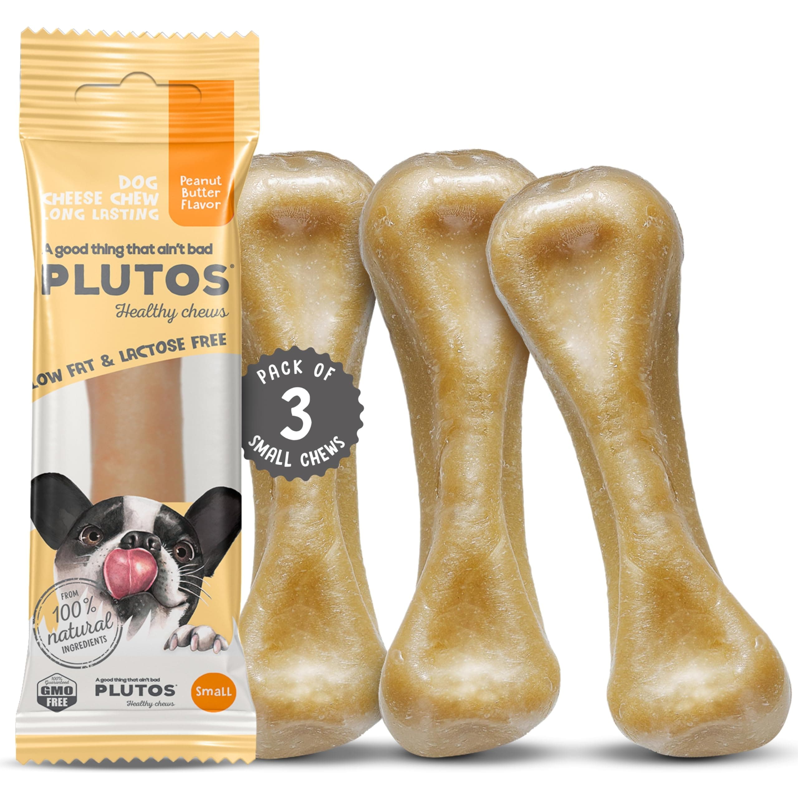 PLUTOS Cheese & Peanut Butter Dog Dental Chew, Natural Dog Treats & Rawhide Free Dog Chews, Healthy High Protein Treat for Puppies & Seniors, Fully Digestible Grain & Gluten Free, Size Small, 3 Pack