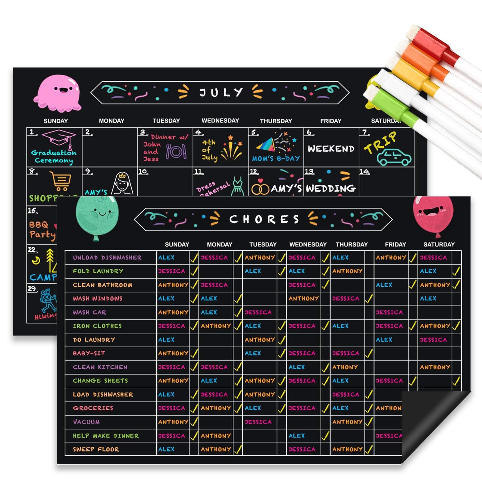 Chore Chart and Monthly Calendar Set, Dry Erase Magnetic 11" x 17" Responsibility & Behavior Refrigerator Reward Incentive for Kids - Reusable Multiple Child Magnet