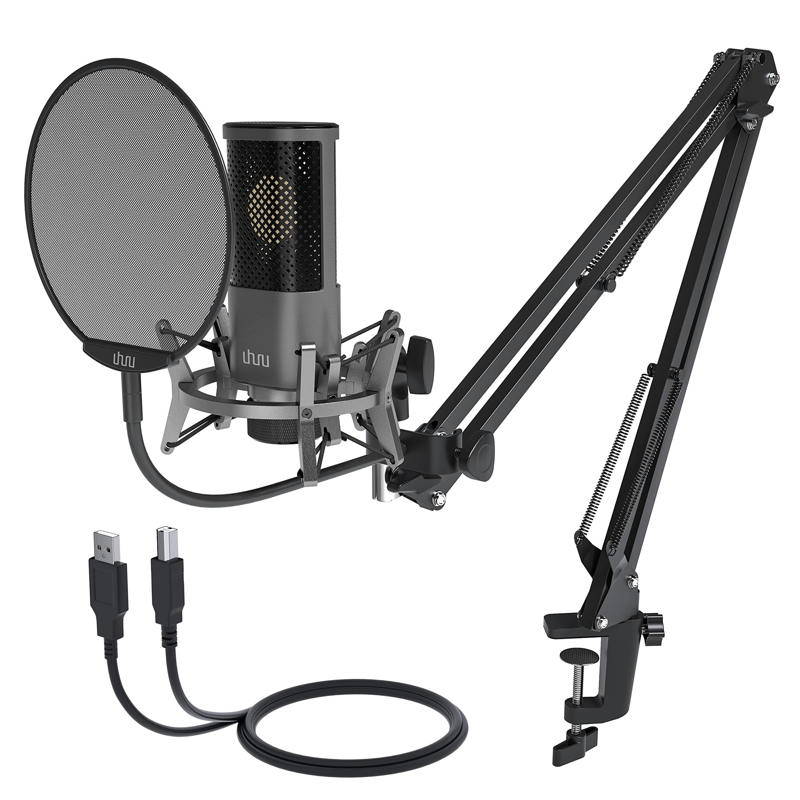 UHURU UM-1000 Condenser USB Mic for PC, Singing, and YouTube. Gaming Recording Microphone Build in Dia.16mm Large Capsule with Plug and Play, Mic Stand, and Pop Filter, Gray