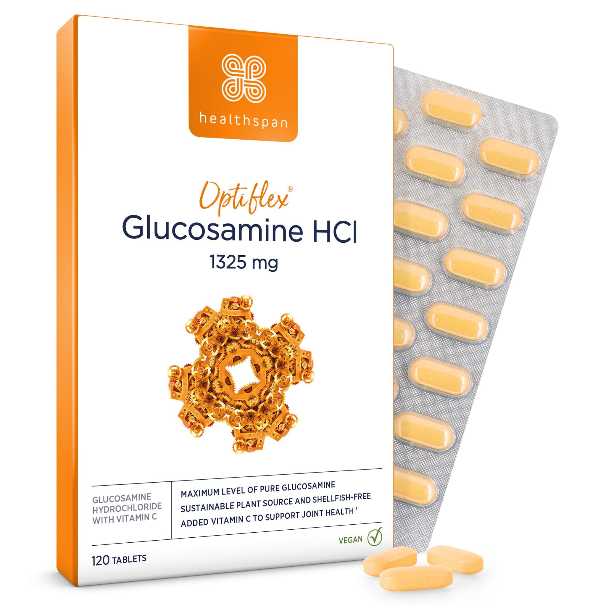 Optiflex Glucosamine HCI 1,325mg with Vitamin C | Shellfish Free Vegan Tablets for Joint Health | 40% More glucosamine Than Glucosamine Sulphate | Added Vitamin C (120 Tablets)
