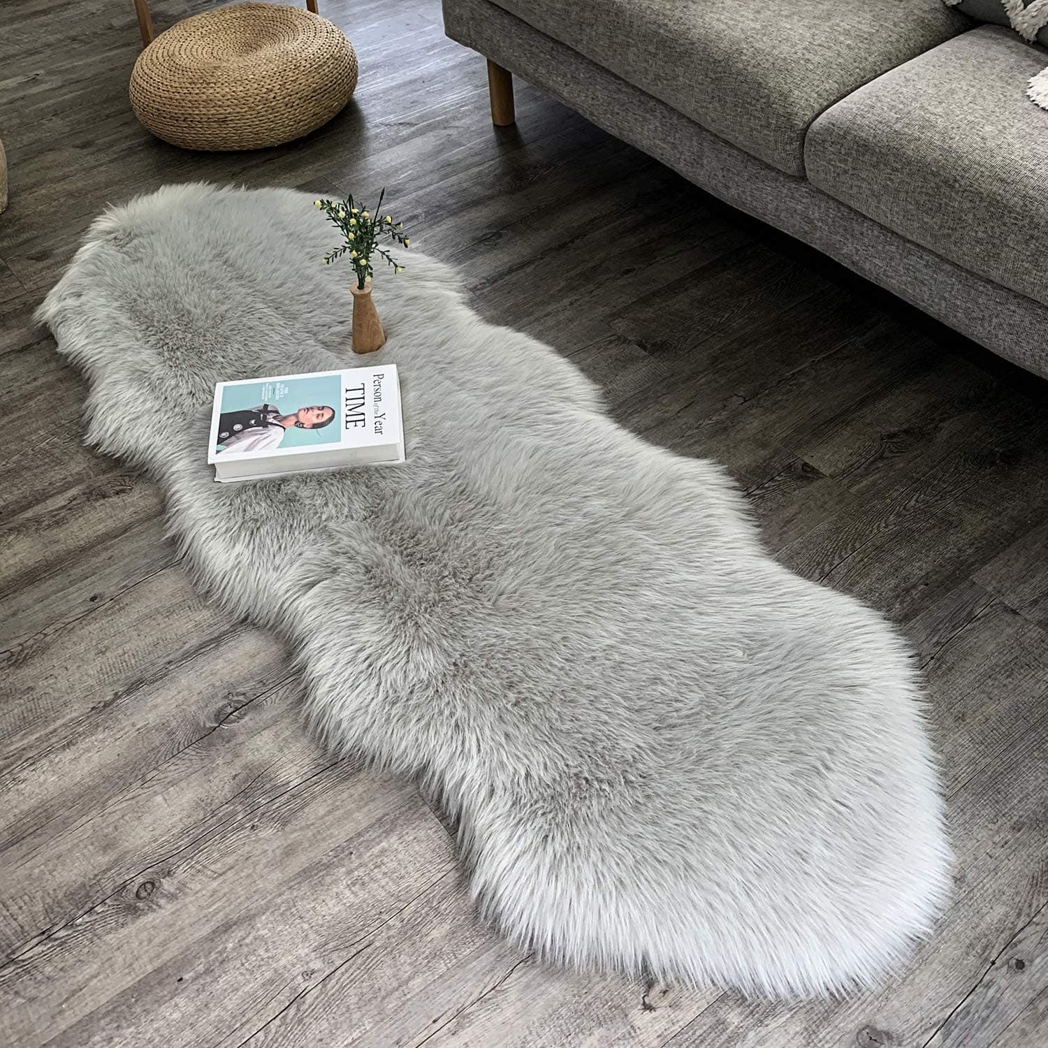 Dikoaina Classic Soft Faux Sheepskin Fur Rug White Fluffy Area Rug Shag Rug Carpets for Bedroom Living Room (2ft x 6ft (Double Shape), Grey)