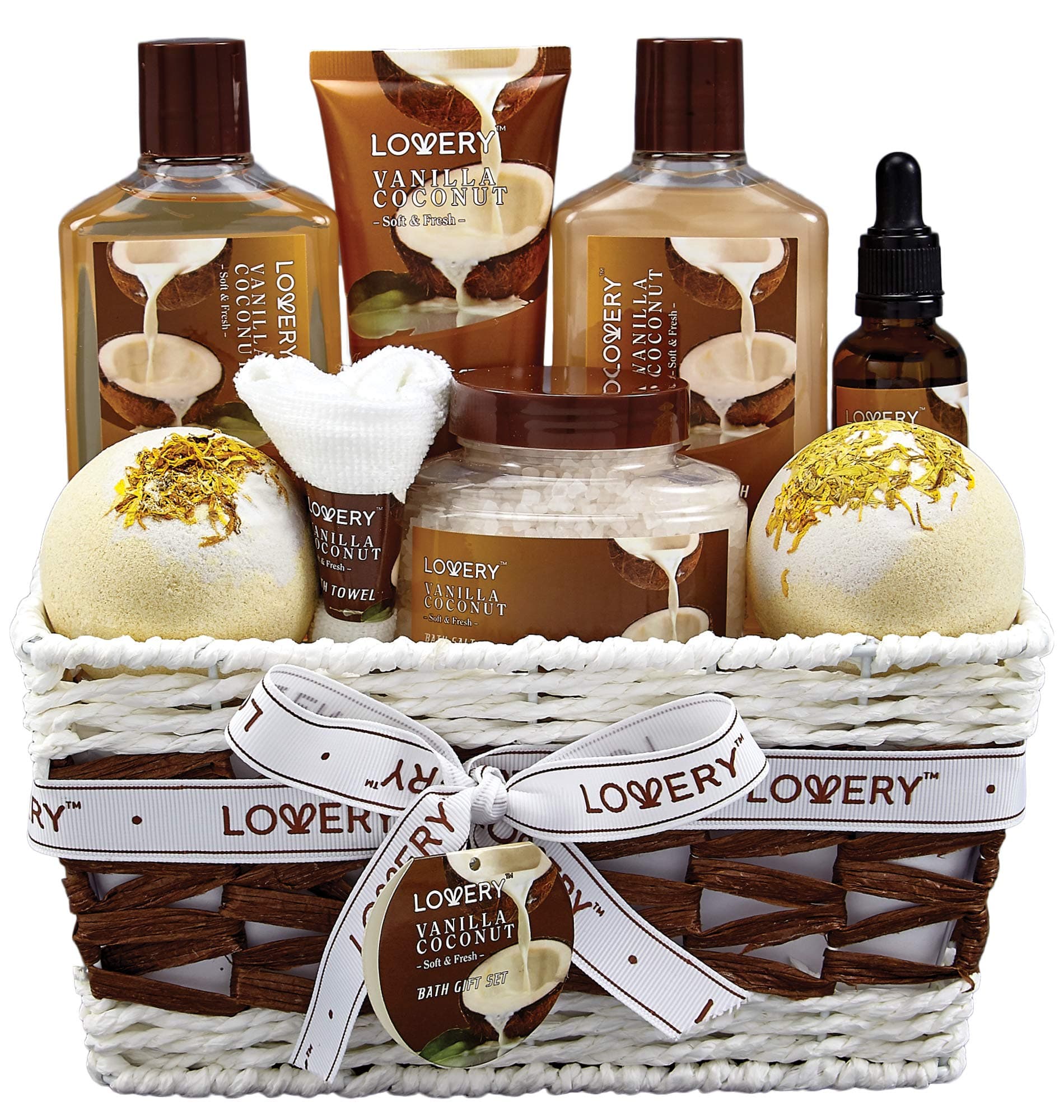 Gifts For Women Gift Basket for Women– 9 Piece Set of Vanilla Coconut Home Spa Set, Luxurious Gifts for Her, Bath and Body Sets Includes Fragrant Lotions, Large Bath Bombs, Coconut Oil