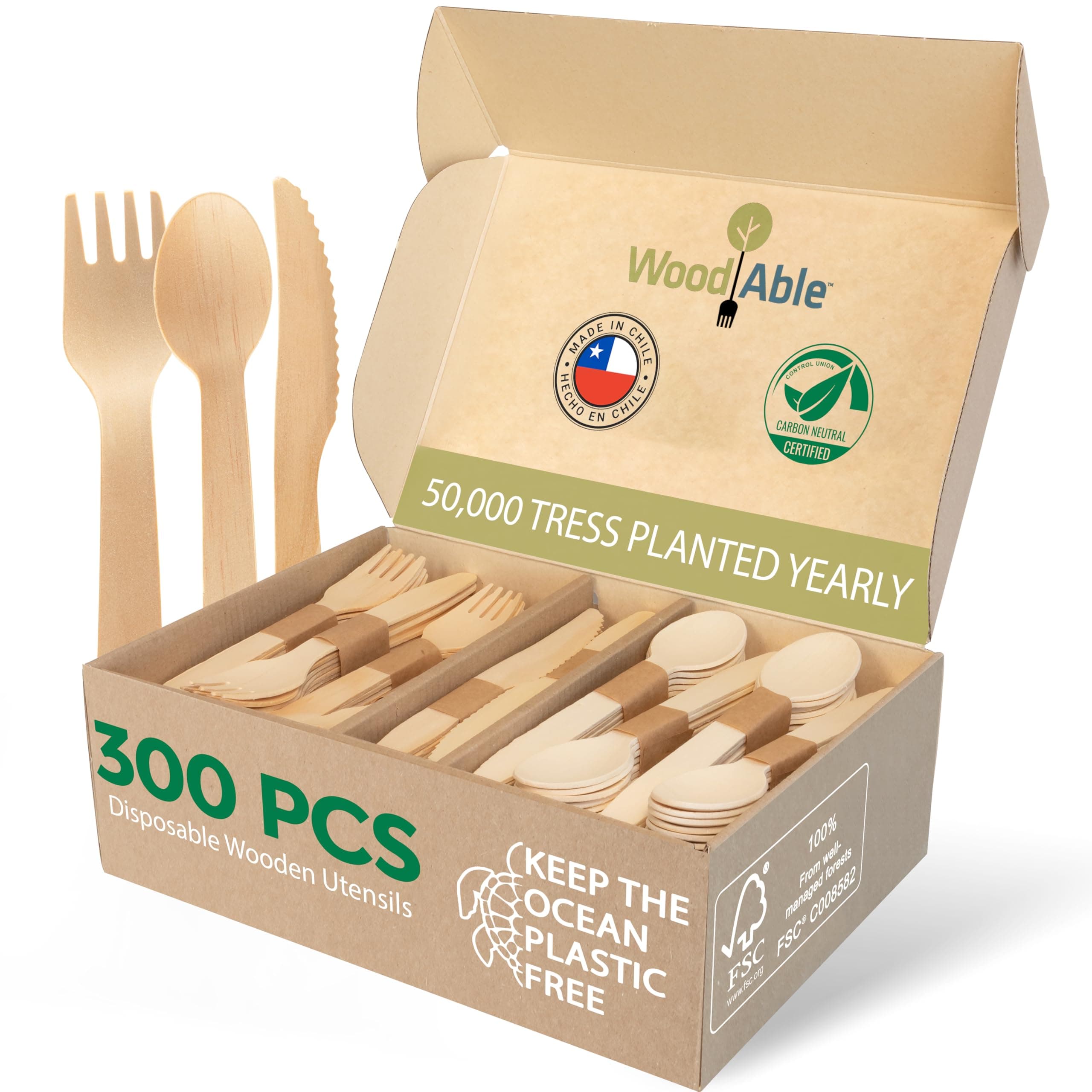 Disposable Wooden Cutlery Set - 100% Home Compostable - 300 Mix (120 Forks, 120 Spoons and 80 Knives) 6.5", Bamboo Utensils Alternative, Eco-Friendly, Organic, Sustainable and Carbon Neutral Certified