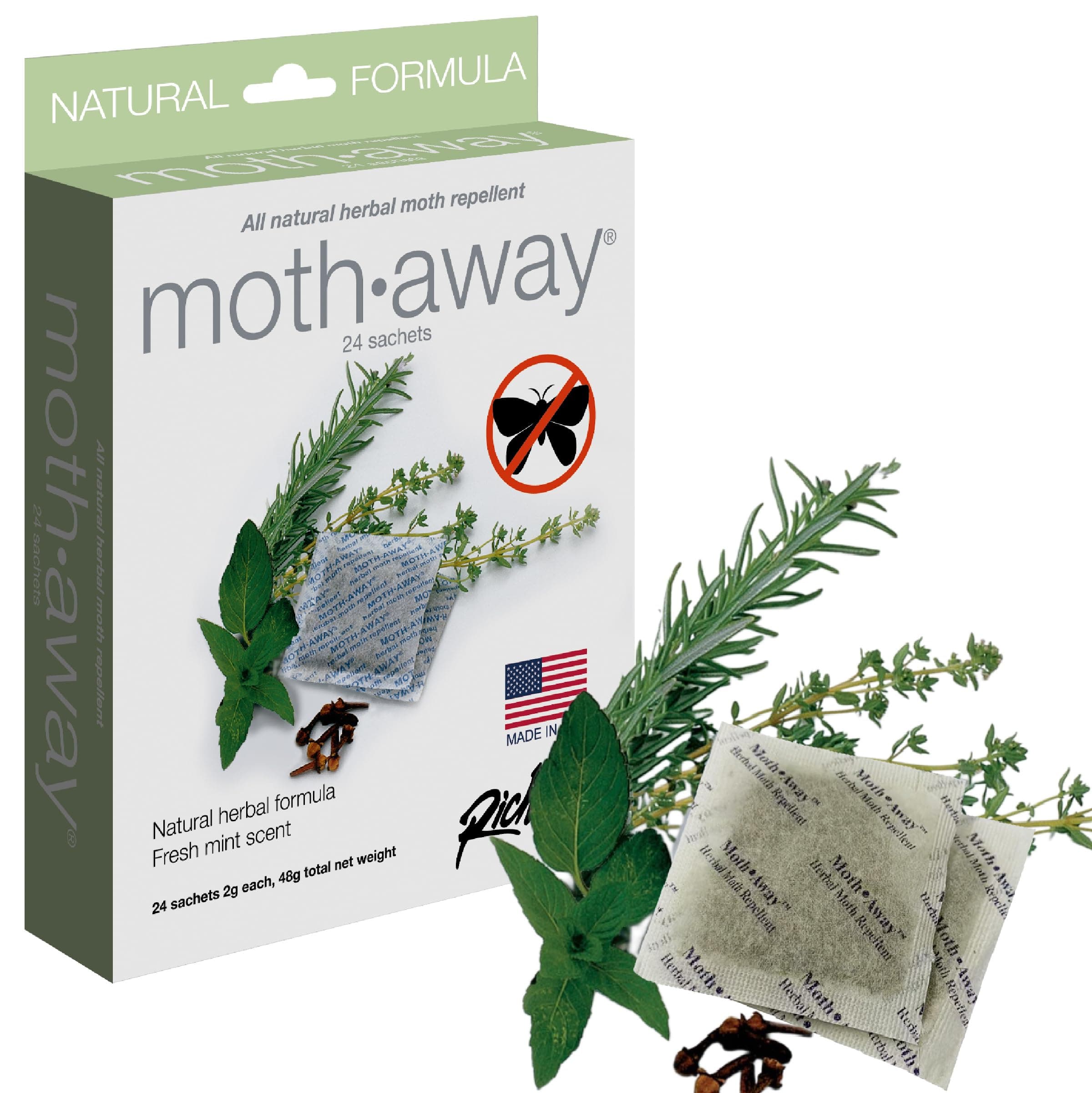 Richards Homewares Moth Away Sachets – 24-Pack Natural Herbal Moth Repellent, Non-Toxic & Chemical-Free, Fresh Scent for Drawers, Closets & Storage Bins – Made in USA