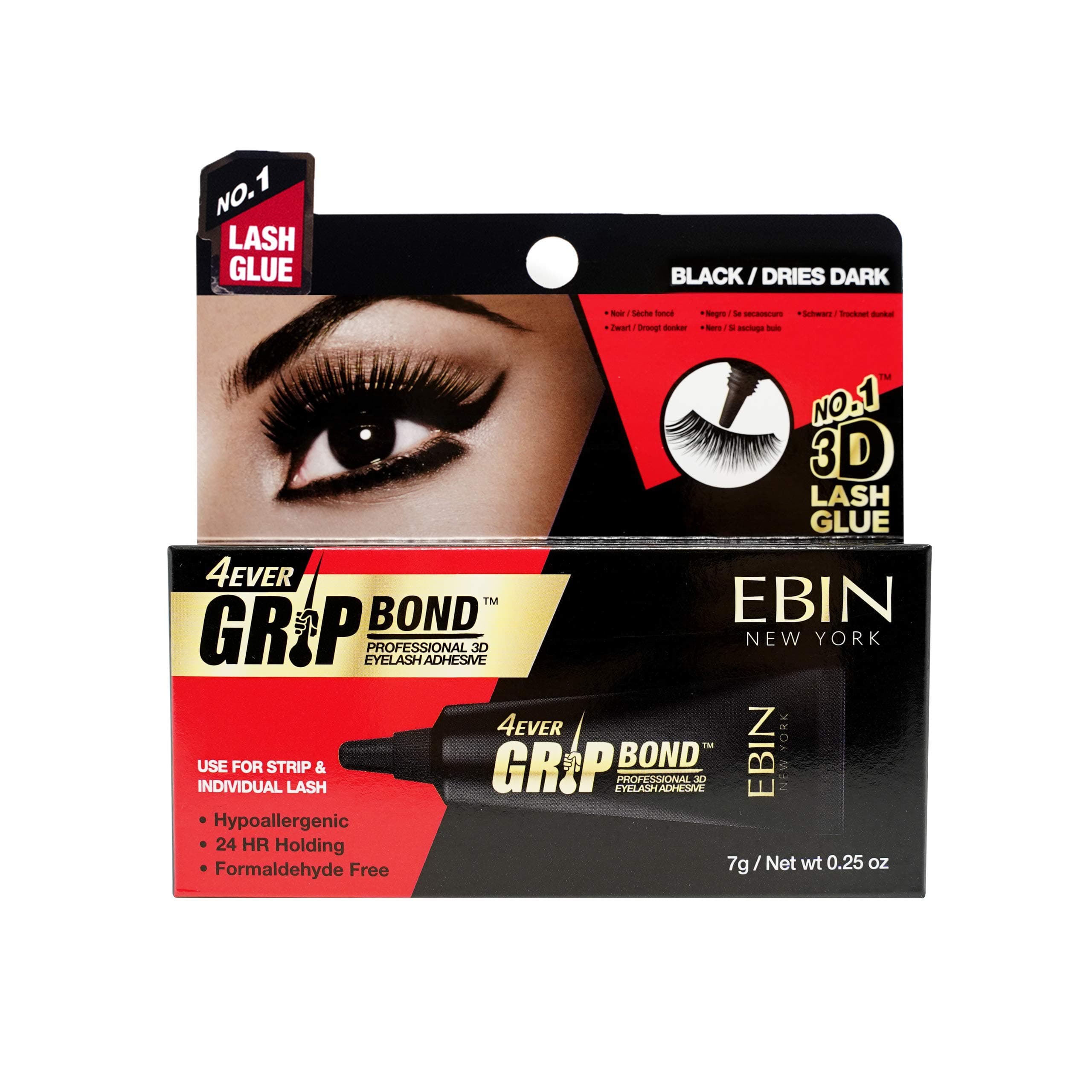 EBIN NEW YORK Grip Bond Eyelash Glue Tube Black 0.25 oz | Fast Dry Lash Glue Dries Dark | Extra Strong Hold Smudge Resistant Latex Free for Sensitive Eyes