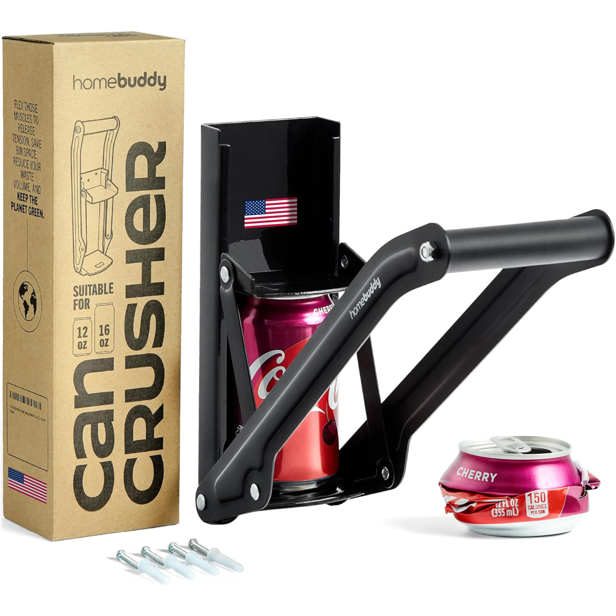 HOMEBUDDY Can Crusher for Recycling - Wall Mounted, Black, Metal, Can Smasher, 12-16 Oz. Cans