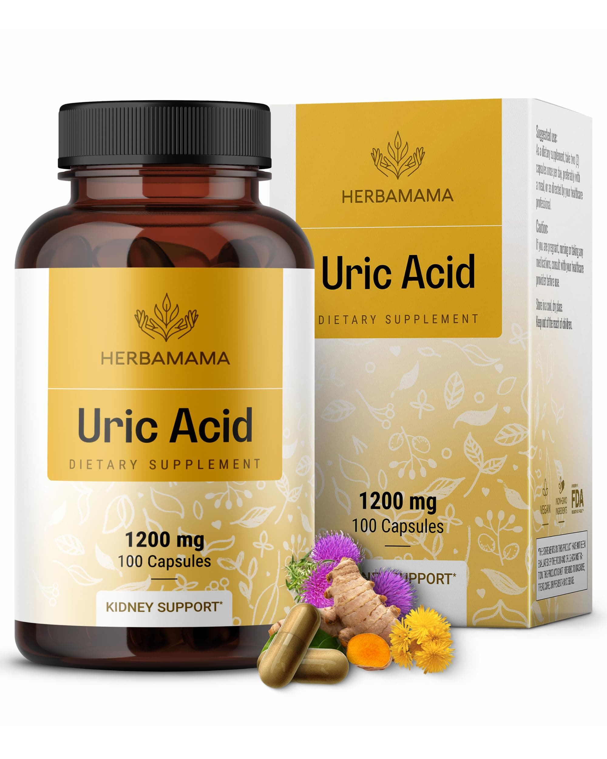 HERBAMAMA Uric Acid Support Capsules - Organic Herbal Food Supplement with Tart Cherry, Celery, Turmeric & Chanca Piedra - Body Cleanse & Joint Function Support - Vegan, Non-GMO - 1200mg, 100 Capsules