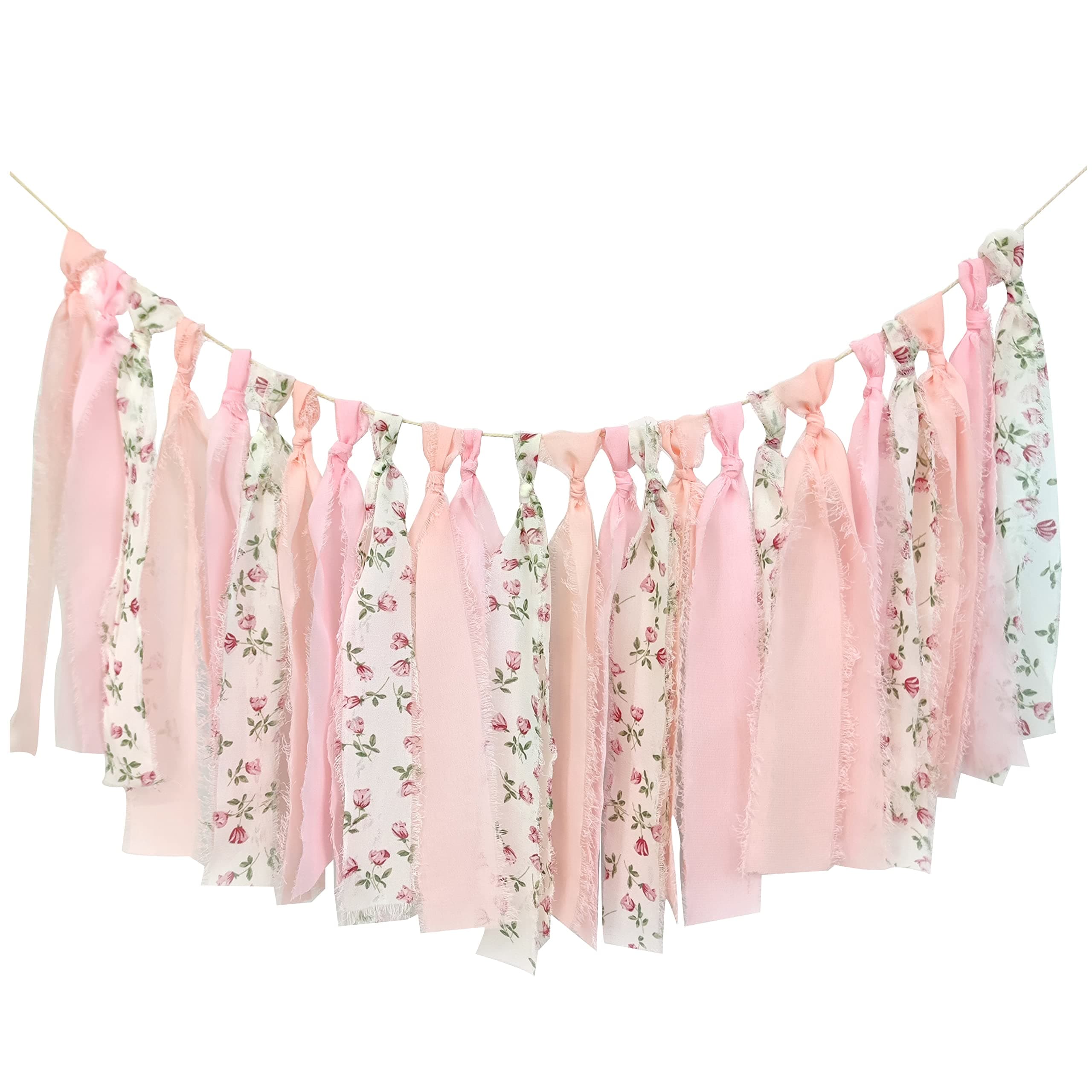 Pink Floral Tsaasel Garland for Wedding Spring Tea Party Haning Chiffon Tassel Banner Table Decor