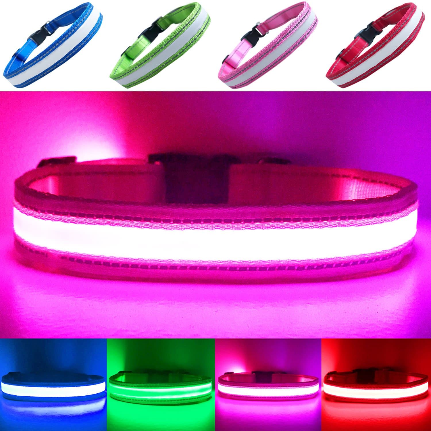 PetSol USB Rechargeable LED Dog Safety Collar - Superbright LEDs - Increased Safety & Extreme Visibility - 4 Colours 5 Sizes (Medium (40cm - 50cm / 15.7" - 19.7"), Pink)
