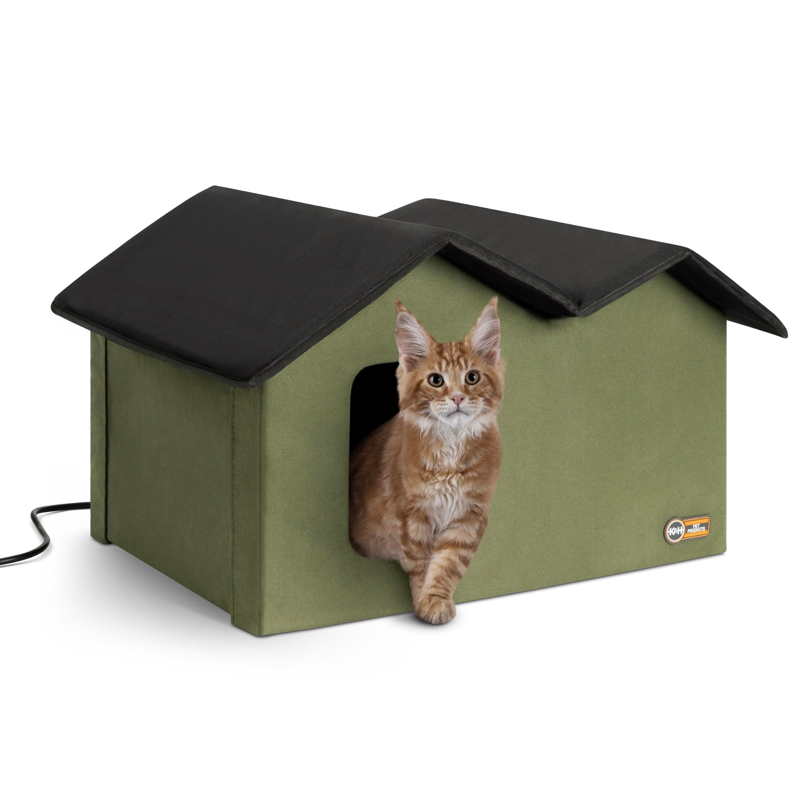 K&H Pet Products Extra-Wide Heated Cat House for Outside, Outdoor Cat House with 2 Safe Escape Doors, Weatherproof Insulated Stray & Feral Shelter with Waterproof Heated Bed, Safety Listed - Olive