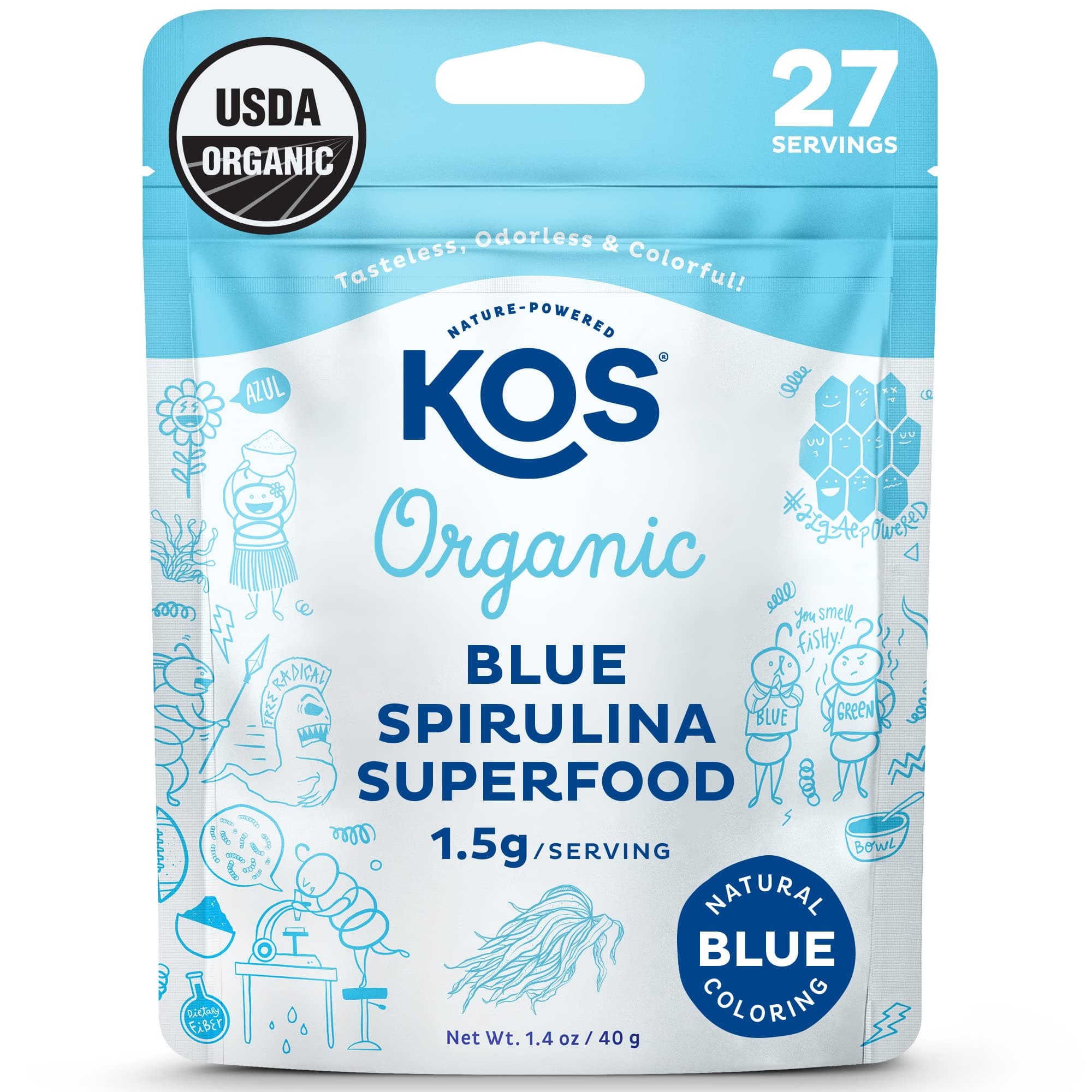 KOS Organic Luminous Blue Spirulina Powder - Natural Food Coloring, Vibrant Blue, Phycocyanin - Plant Based, Non-Gmo, Gluten-Free, 1.4Oz, 27 Servings 1.4 Ounce
