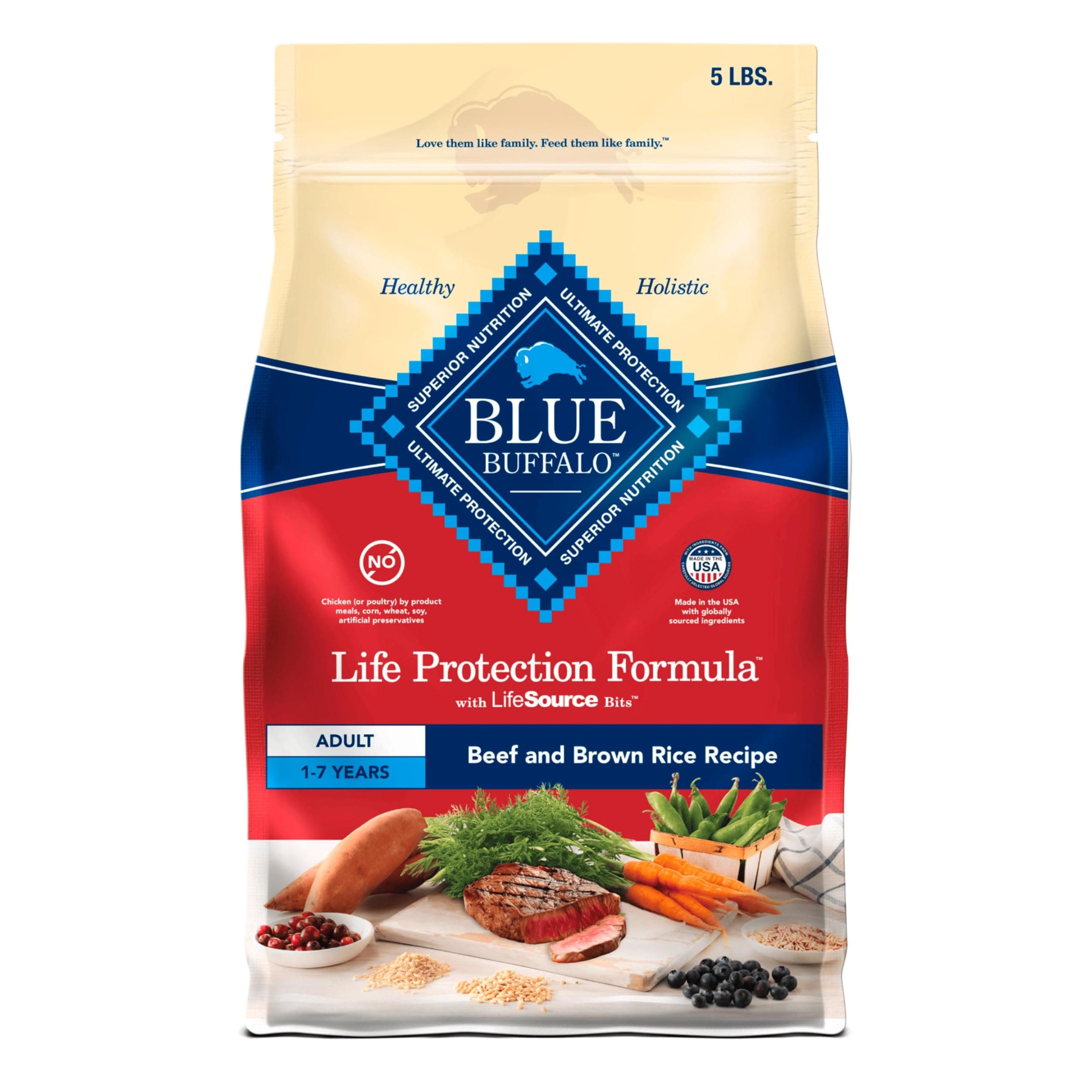 Blue Buffalo Life Protection Formula Adult Dry Dog Food, Helps Build and Maintain Strong Muscles, Made with Natural Ingredients, Beef & Brown Rice Recipe, 5-lb. Bag