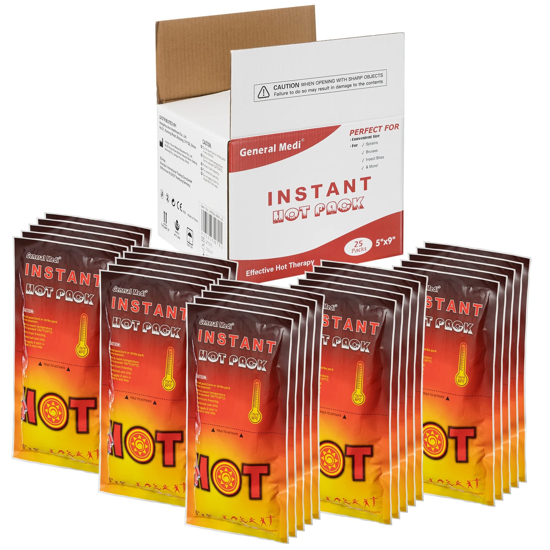 General Medi Instant Hot Pack – Set of 25 Disposable Hot Therapy Packs for Arm, Leg, Sore Neck, Shoulder & Abdomen - Long Lasting Heat & Discomfort Relief (5" x 9")