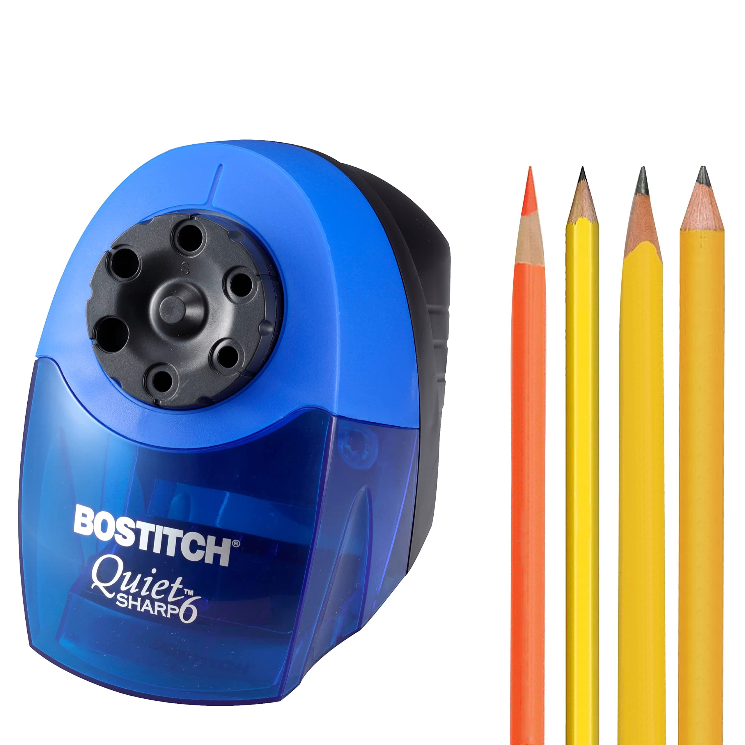 Office QuietSharp 6 Electric Pencil Sharpener, Heavy Duty Classroom Sharpener, Size Selector with 6 Different Sizes, Perfect for Classroom and Homeschool Use, Blue