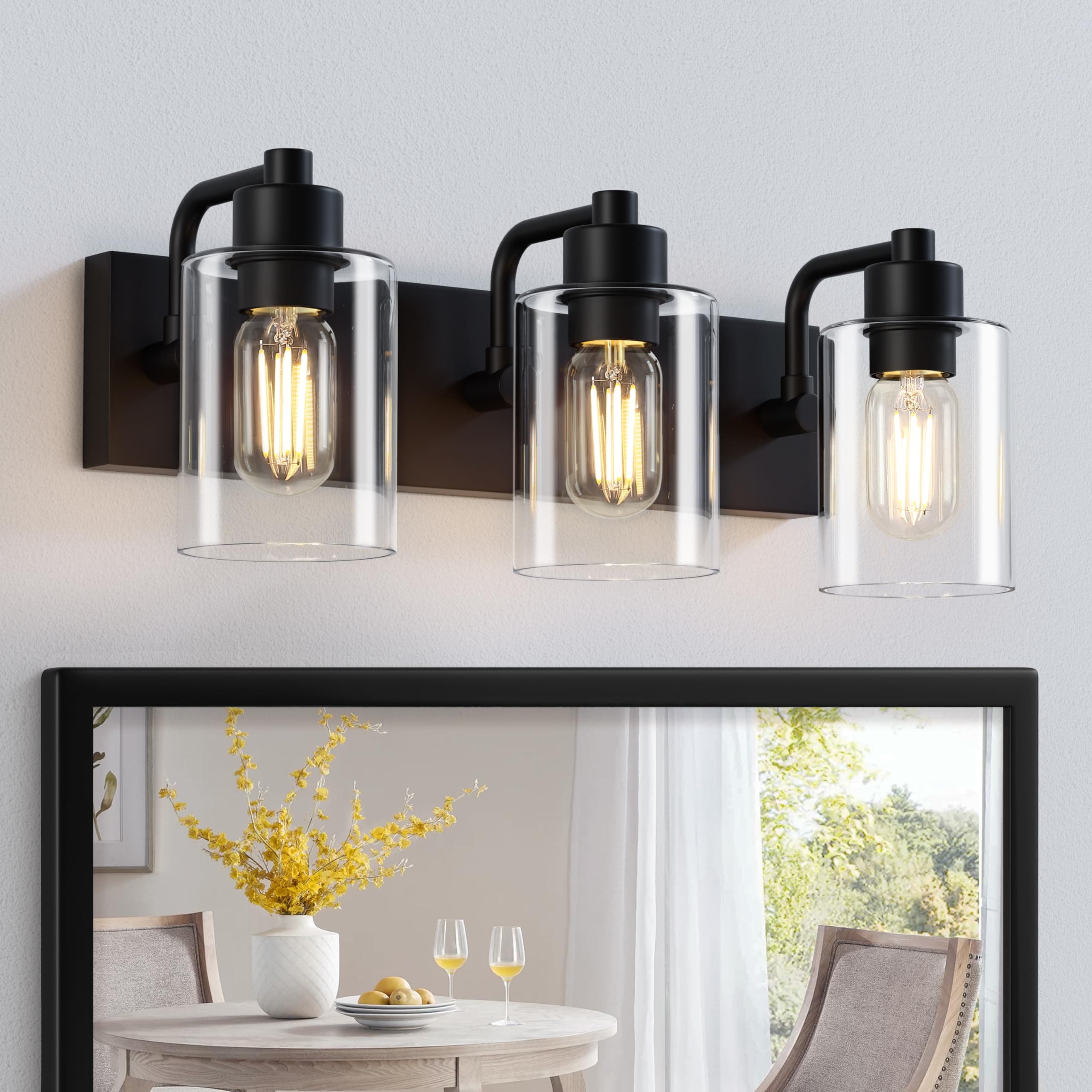 Bathroom Light Fixtures,Matte Black 3-Light Bathroom Lights Over Mirror with Clear Glass Shade,Wall Sconces for Kitchen Living Room Bedroom