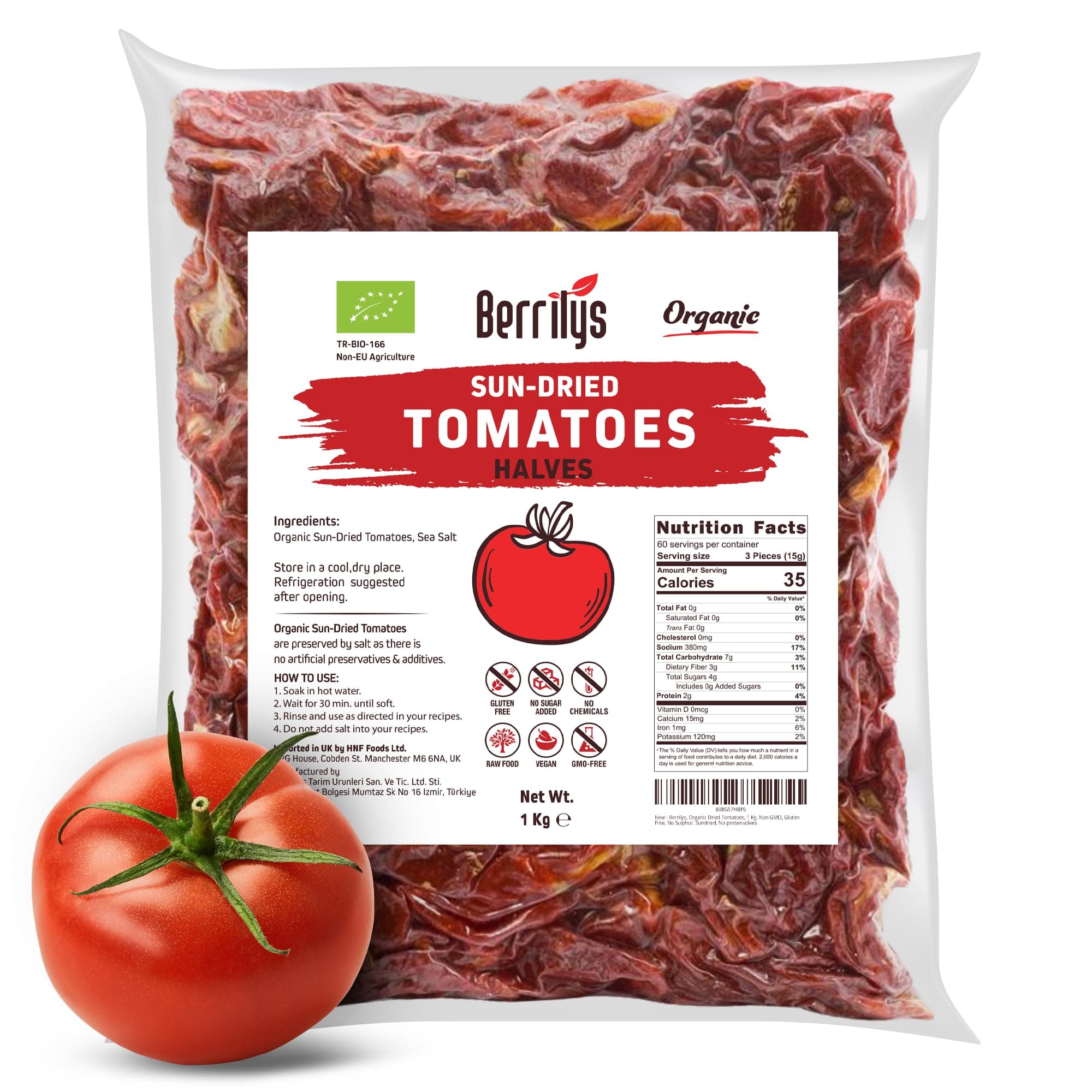 Berrilys Organic Sun Dried Tomatoes, Non-GMO, Gluten-Free, No Sulphur, No Preservatives, Sun Blushed, Dry Tomato, Natural, Ideal for Cooking & Snacking (1 kg (Pack of 1), Halves)
