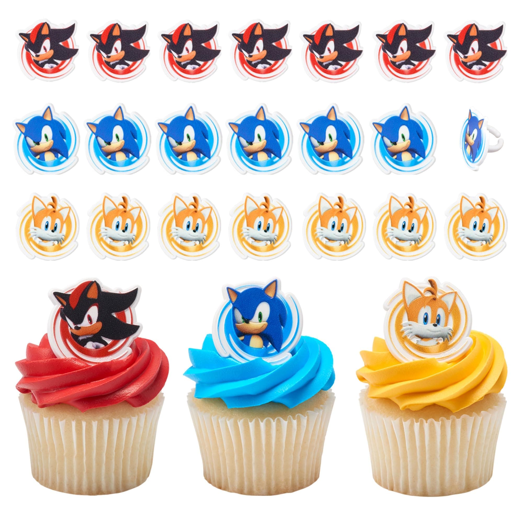 DecoPac Sonic the Hedgehog Rings, Cupcake Decorations Featuring Sonic, Tails, and Shadow - 24 Pack