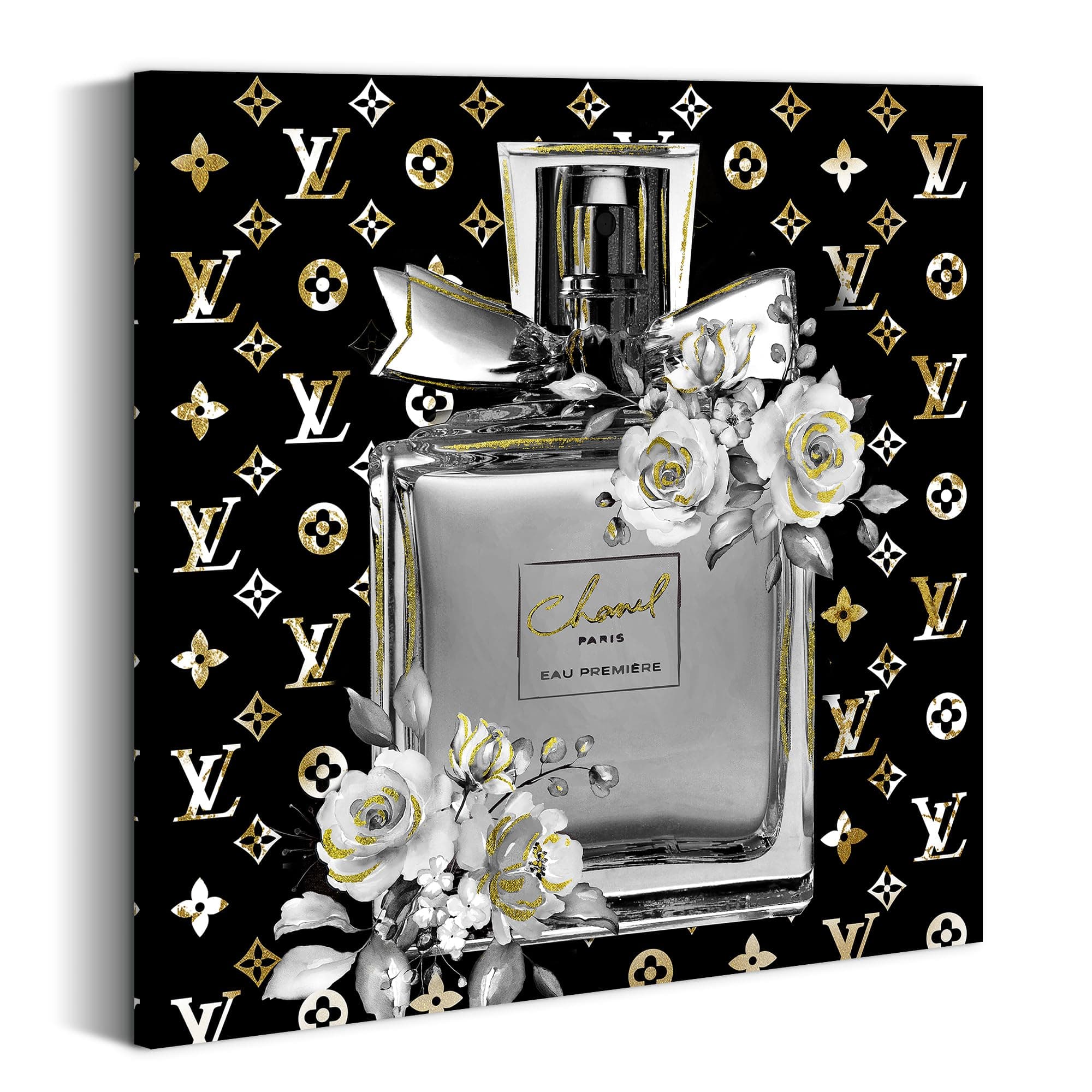 Perfume Bottle Canvas Wall Art: Black White Contemporary Prints Glam Modern Fashion Picture Rose Bouquet Flower Painting Artwork for Girls Makeup Room Bedroom