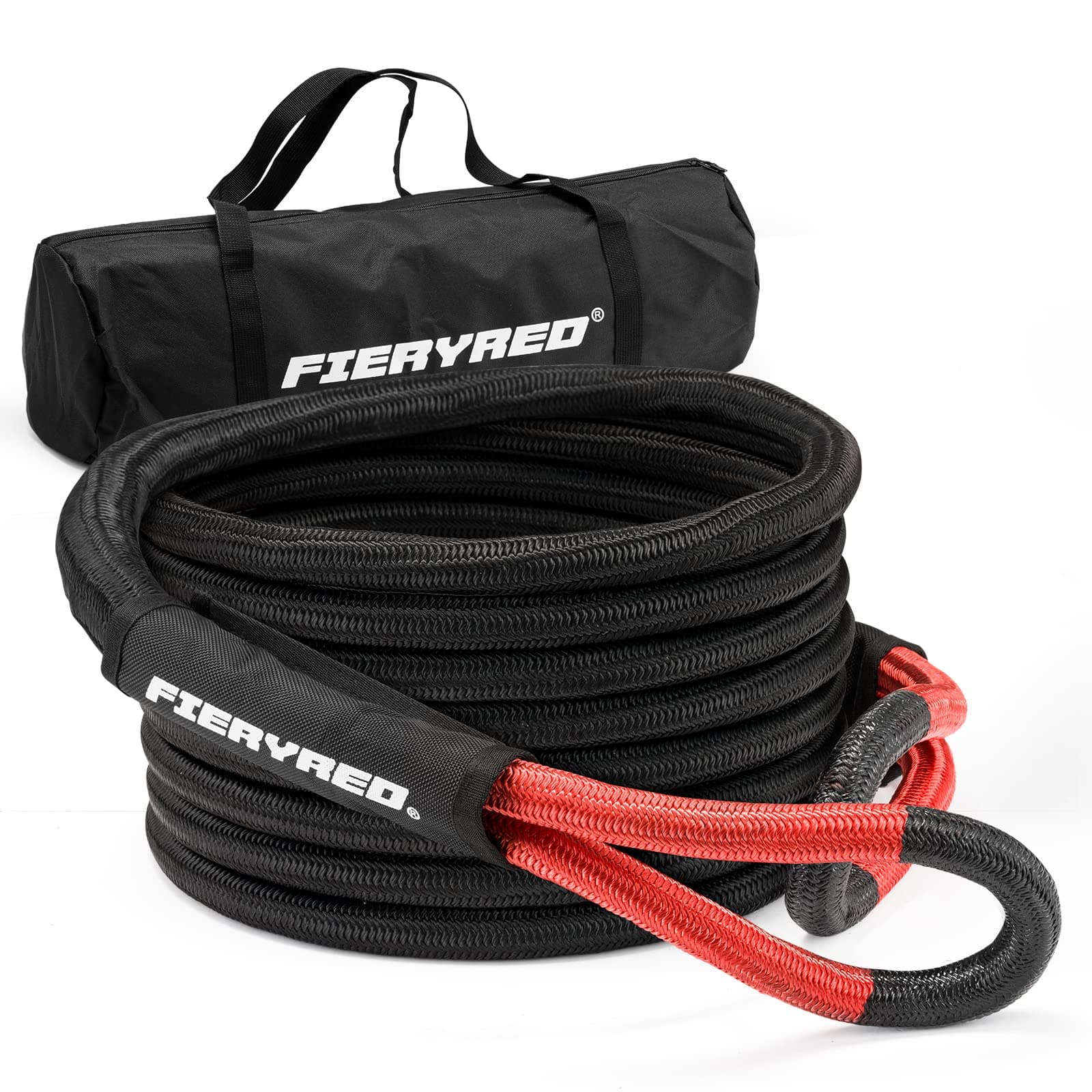 FieryRed Kinetic Energy Recovery Rope 30FT 7/8 Inch- Power Stretch Snatch Strap Vehicle Tow Rope with Reinforced Loops Protective Sleeve Tote Bag for Off-Road 4x4 ATV UTV Pickup
