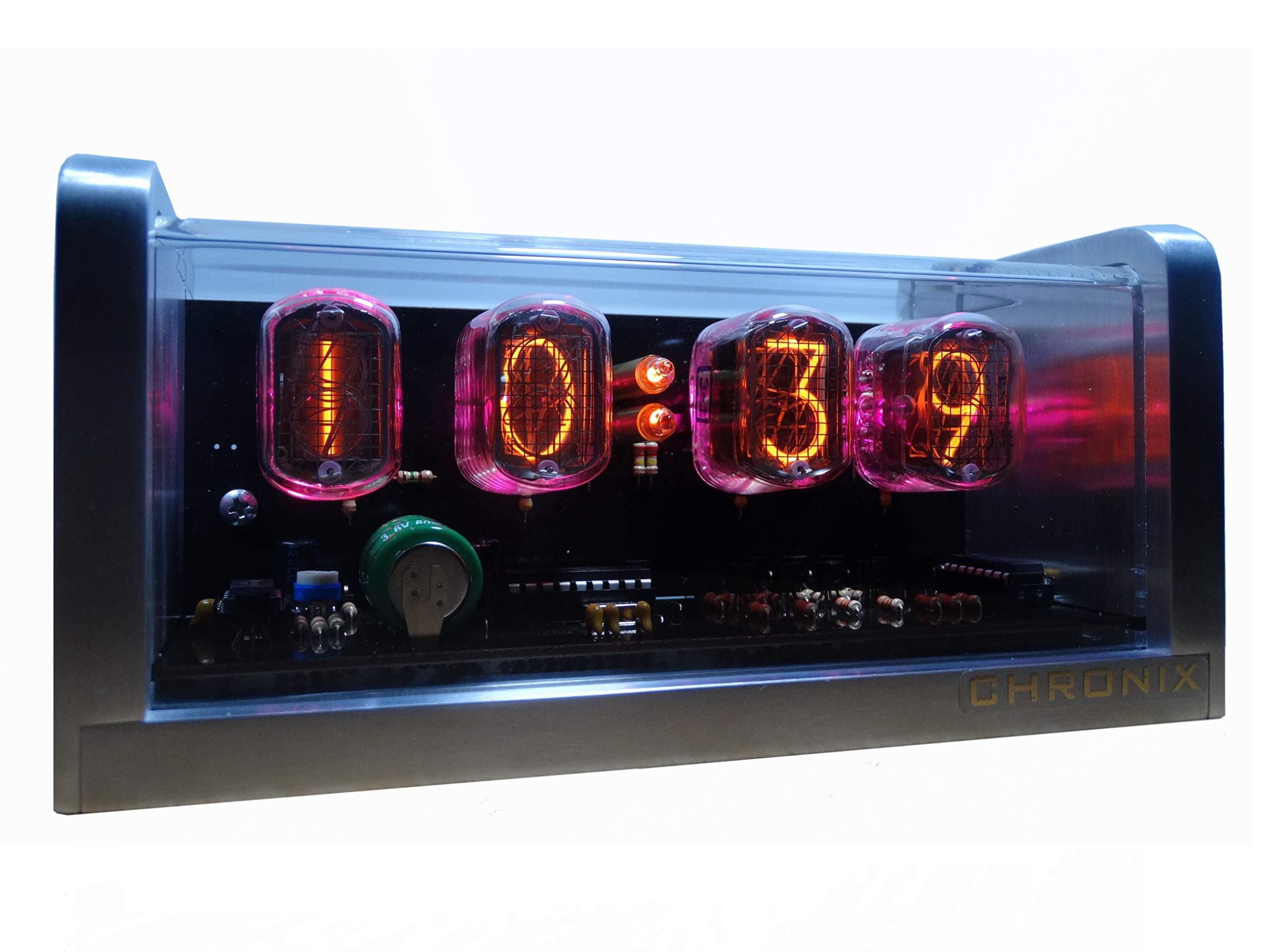 CHRONIX Vintage Nixie Tube Clock with 4xIN-12 displays & alarm & pink backlight & aluminum case