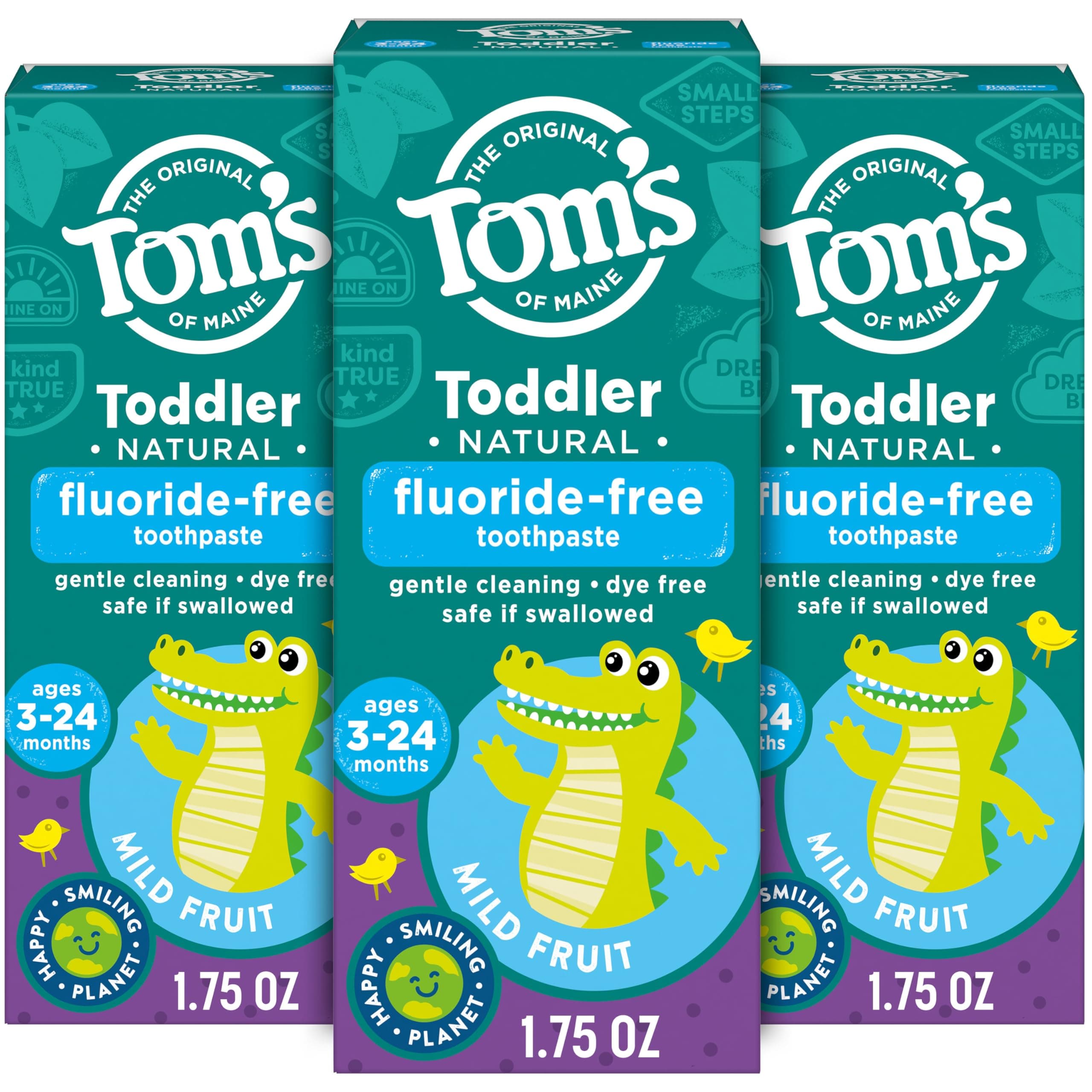 Tom's of Maine Fluoride-Free Toddler Training Toothpaste, Mild Fruit, 1.75 oz. 3-Pack (Packaging May Vary)