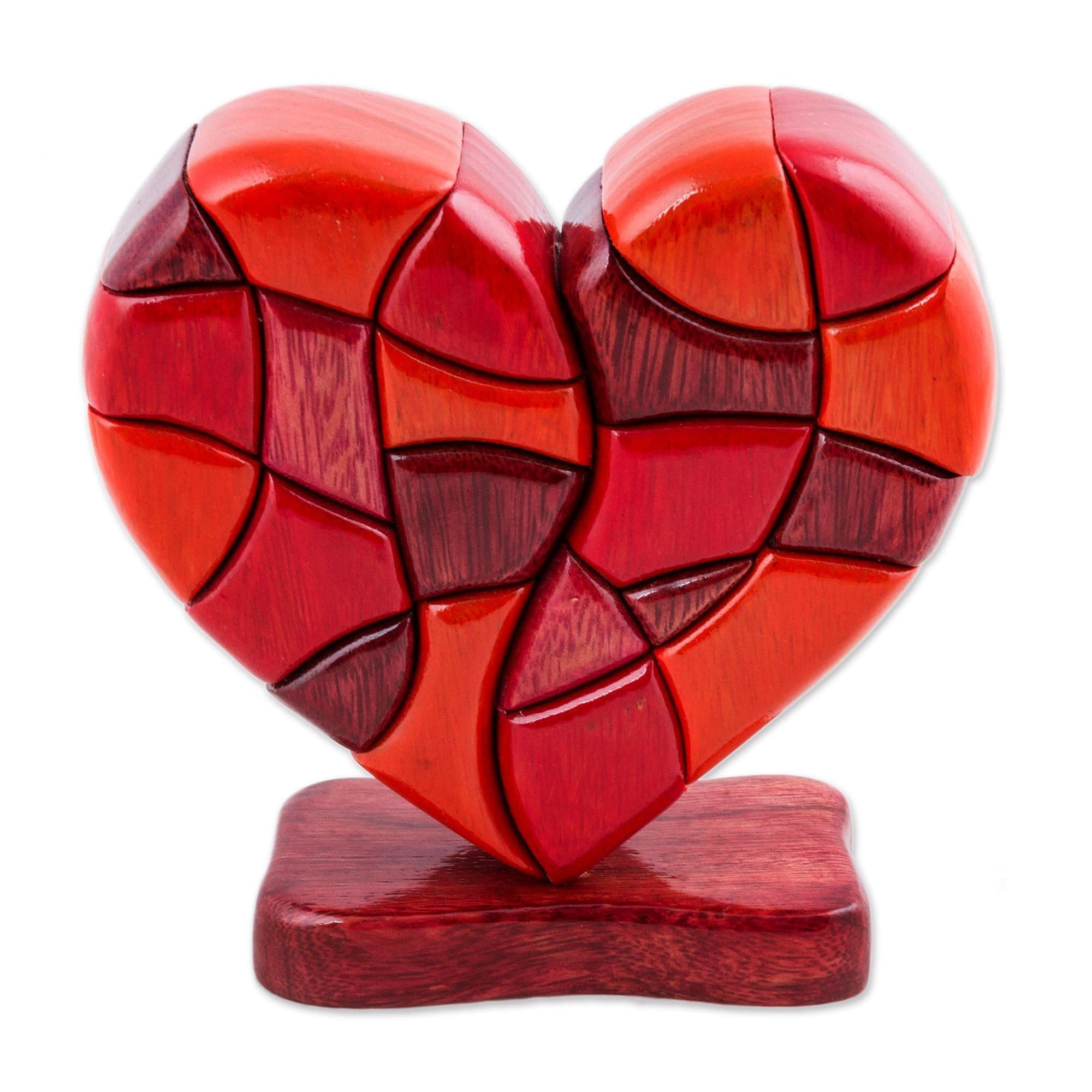 NOVICA Red Romantic Love Heart Shaped Wood Sculpture, 6.25" Tall 'Heart Of Love'