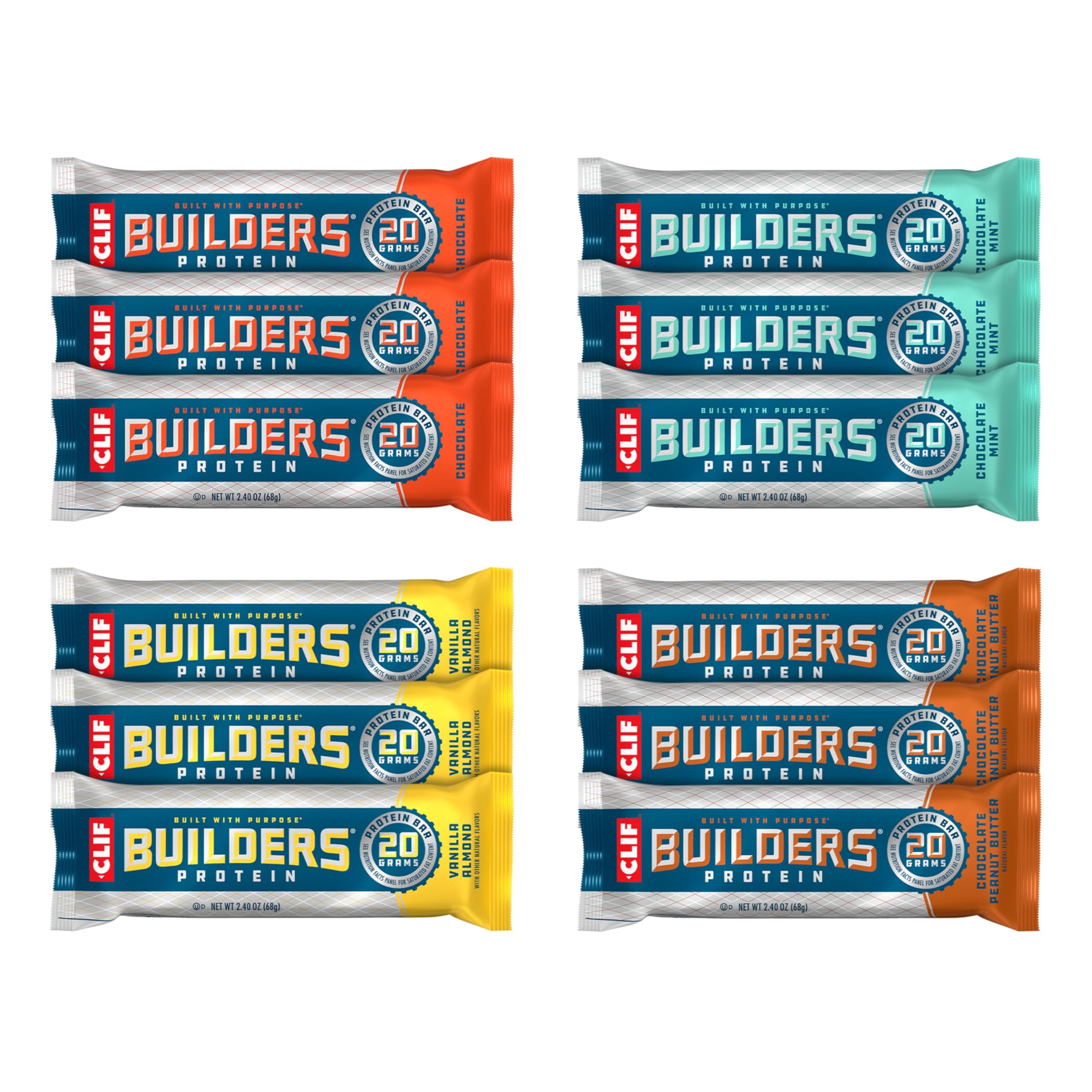 CLIF BUILDERS Protein Bars - Variety Pack - 20g Plant Based Protein - Gluten Free - Non-GMO - Low Glycemic - No Artificial Sweeteners - 2.4 oz. (12 Count)