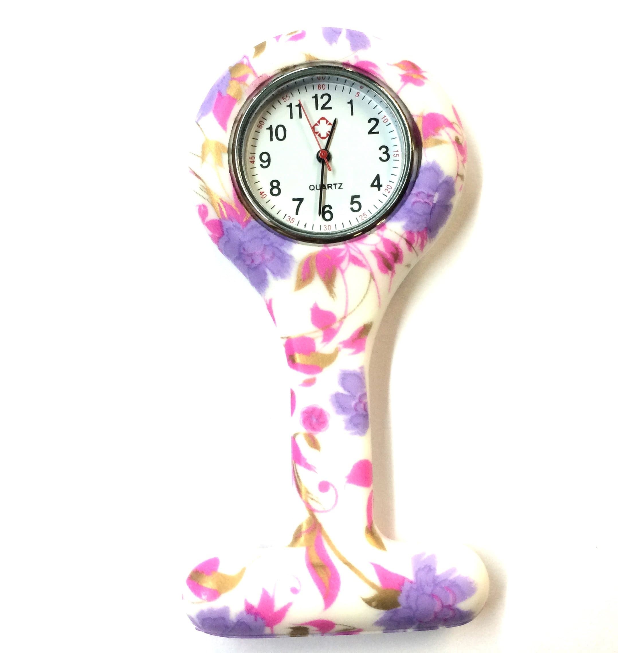 E FAST CE4 Silicone Gel Nurses Fob Watch Washable, Infection Free (Design Pink & Purple Leaf)