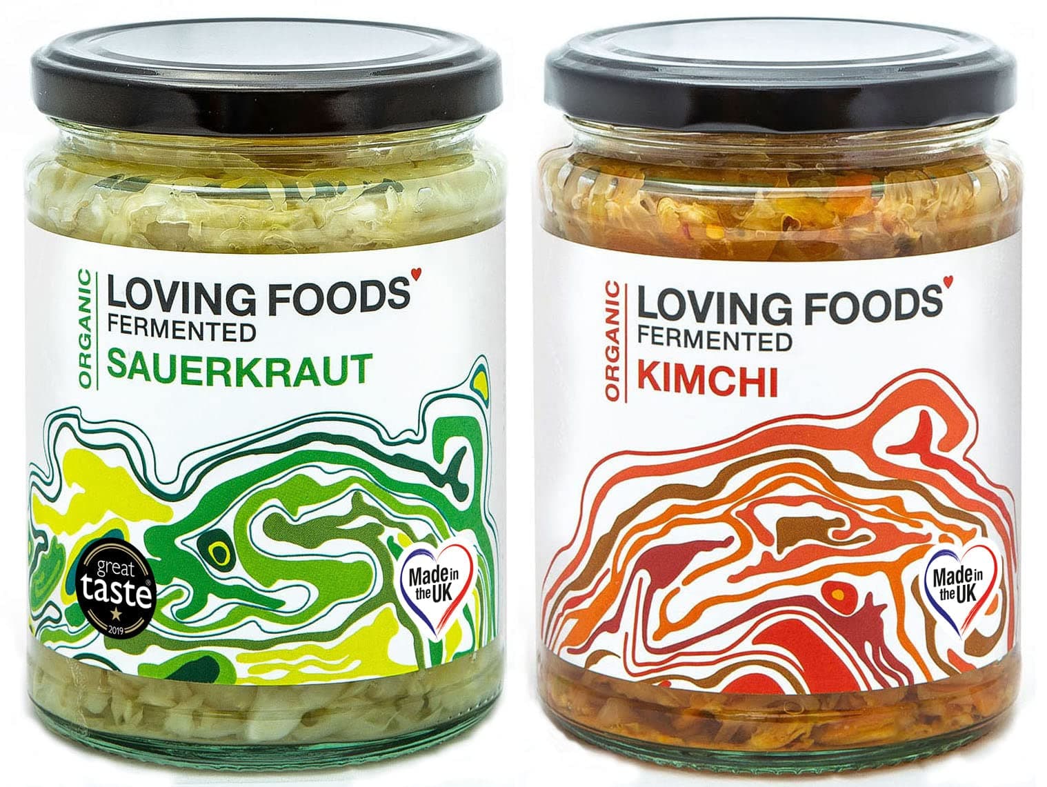 Loving Foods Award-Winning *Organic & Made in the UK* Sauerkraut & Kimchi (2 x 475g) Raw, Unpasteurised & Bursting with Beneficial Live Bacteria (2 x Jars)