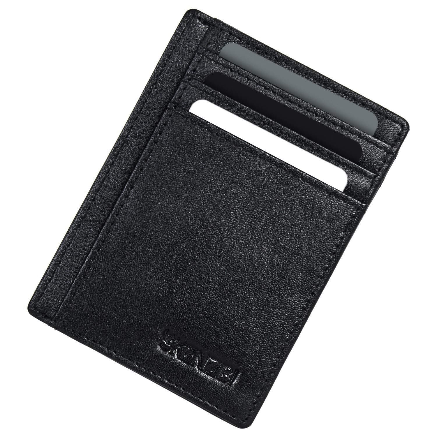 SKENZBISKENZBI® Mens Wallet Card Holder with RFID Blocking | Front Pocket Secure Thin Credit Card Holder Wallet for Men - Space for 8 Cards, Notes, ID Window, Leather Card Holder for Men (Black Nappa)