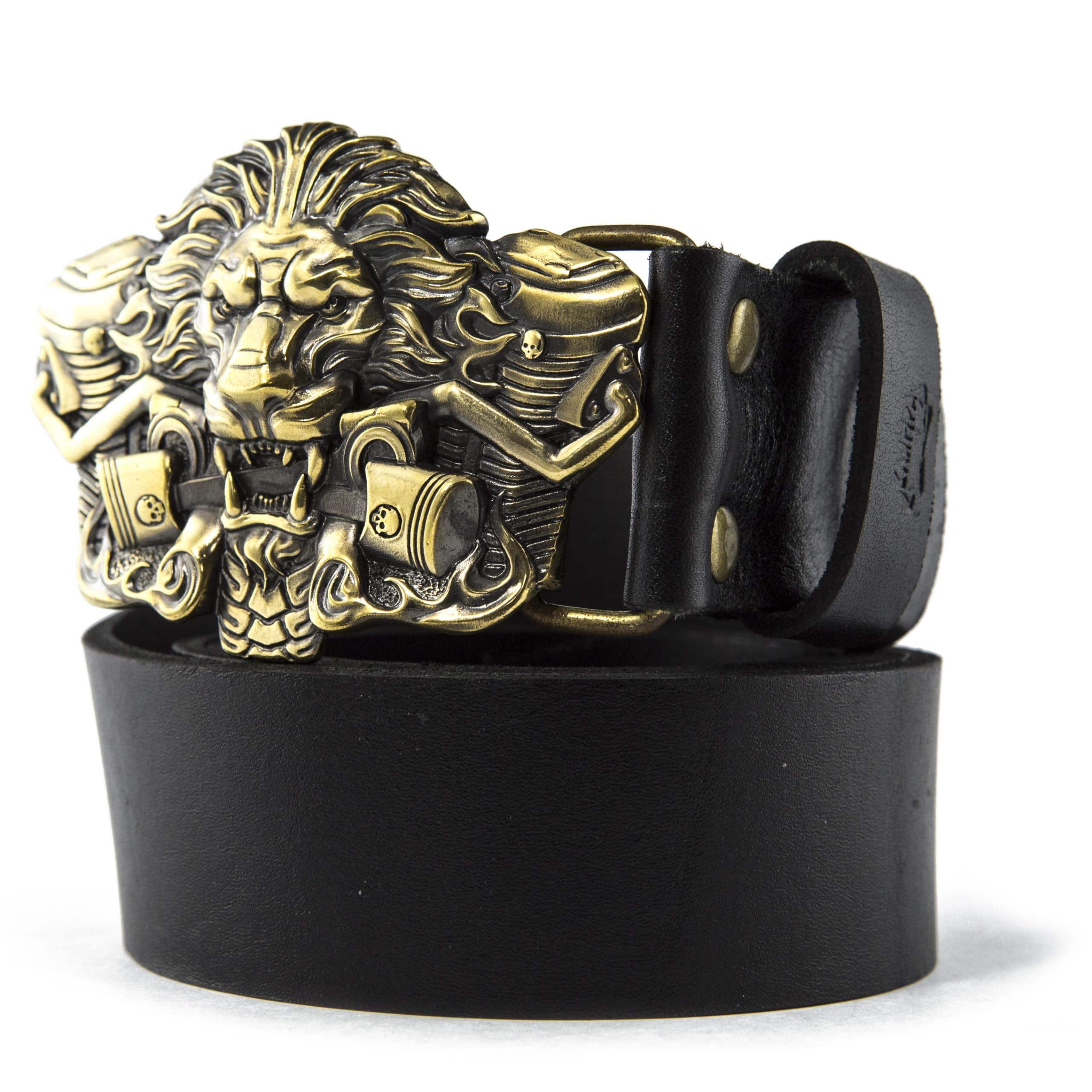 Casual leather belt with buckle BURNING LION, Handmade bikers animal style solid brass belt buckle on leather belt