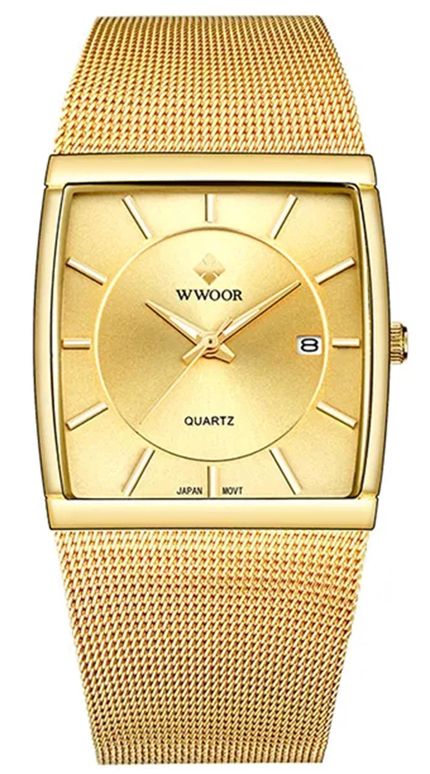 Gosasa Men Watch Classic Analog Quartz Date Stainless Steel Milanese Mesh Band Ultra-Thin Rectangle Dial Luminous