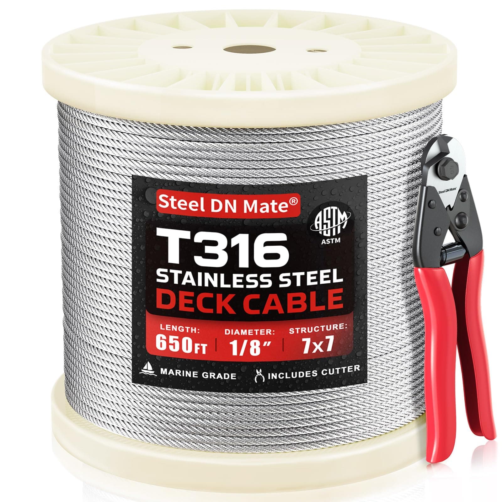 Steel DN Mate 650 FT 1/8'' T316 Stainless Steel Cable 7x7 Strand Core, 1800 lb Breaking Strength, Aircraft Cable for Cable Railing Kit, DIY Balustrade DW65