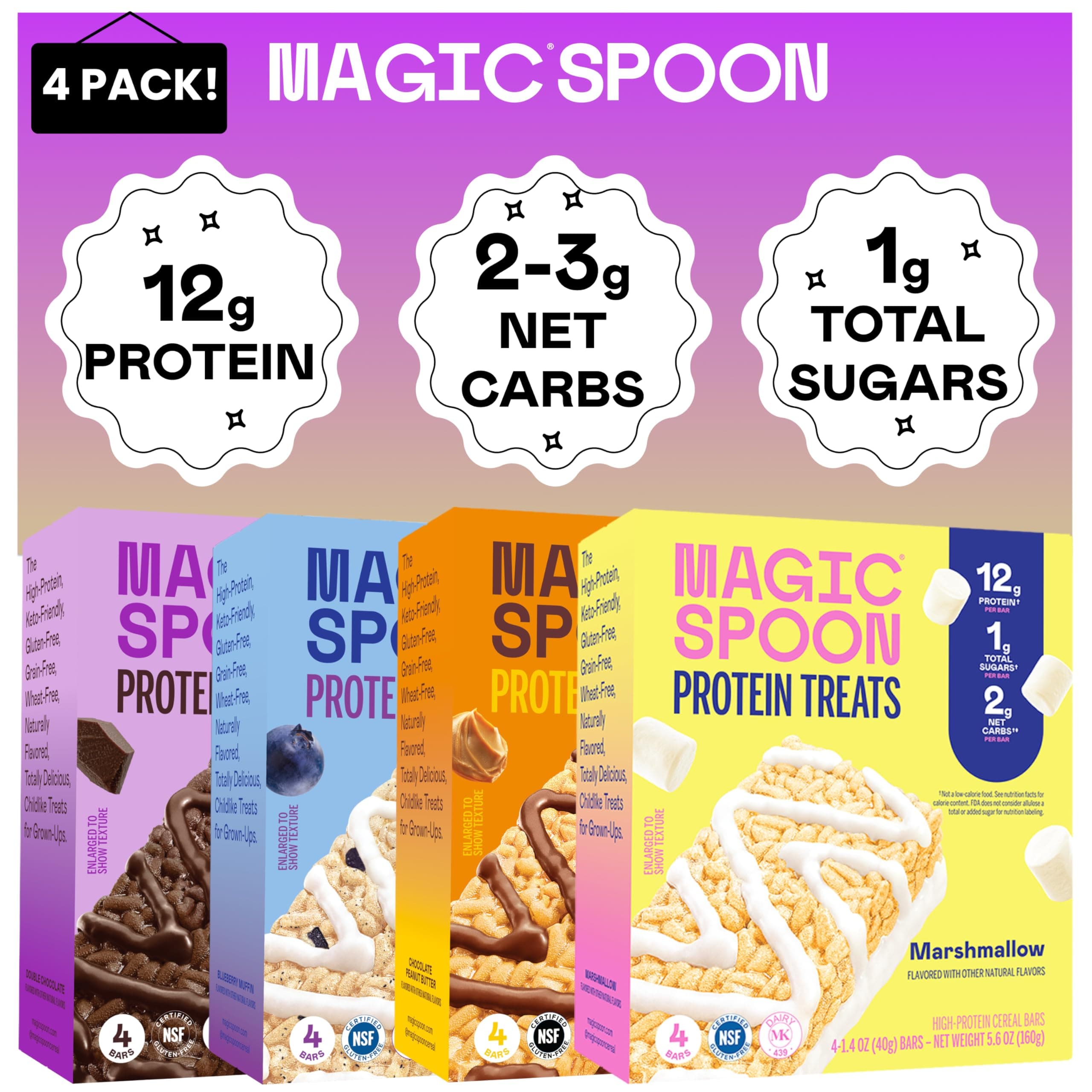 Treats - 16 High Protein Bars: 4 Blueberry Muffin, 4 Double Chocolate, 4 Marshmallow, 4 Chocolate Peanut Butter - High Protein Gluten Free Snack - Sugar & Gluten Free Protein Cereal Bar