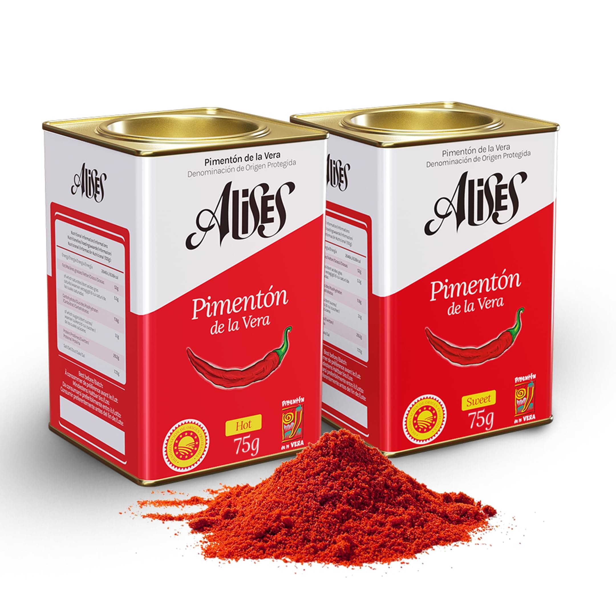 Alises Smoked Paprika Duo 75g x2 – Sweet + Hot – 7% More in Each Tin (vs Standard 70g) - D.O.P. Pimentón de la Vera – Authentic Spanish Paprika