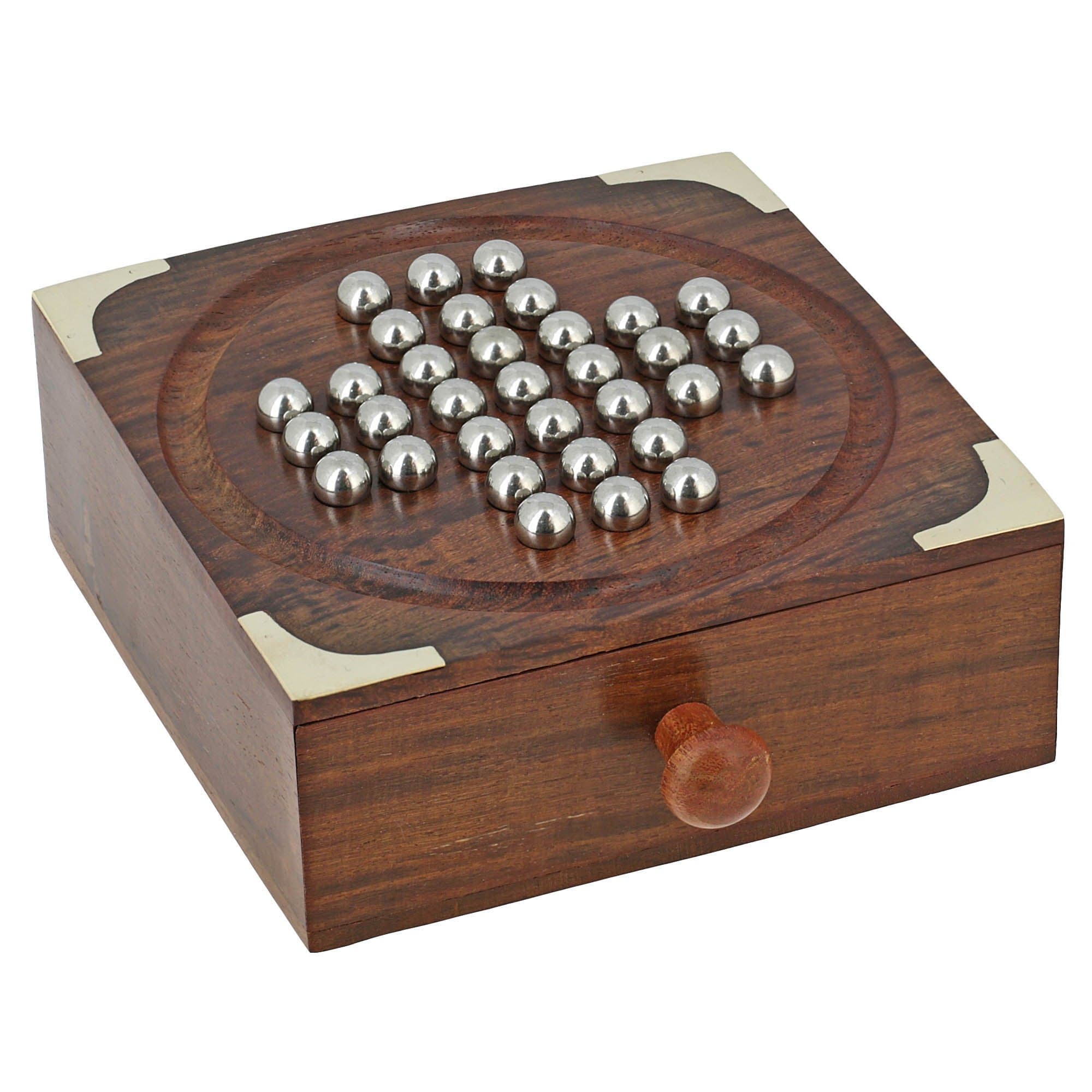 AjunyWooden Solitaire Game Handmade Decorative with Steel Marbles Indoor Outdoor Fun Family Tabletop Board Games with Storage Drawer Best Gift 6x6x2 Inches