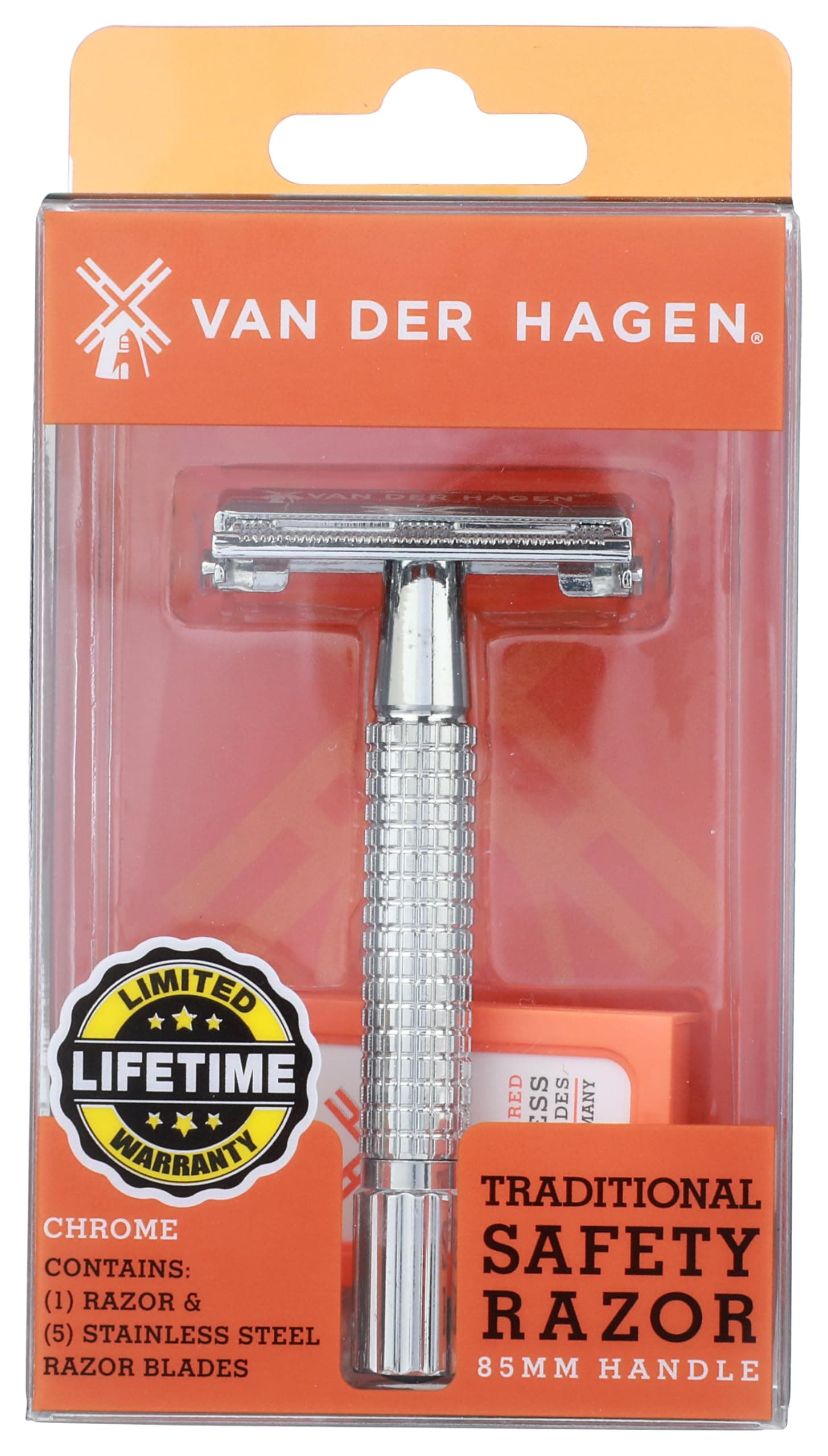 Van Der Hagen® Men’s Traditional Safety Razor Kit (includes 5 blades), Chrome