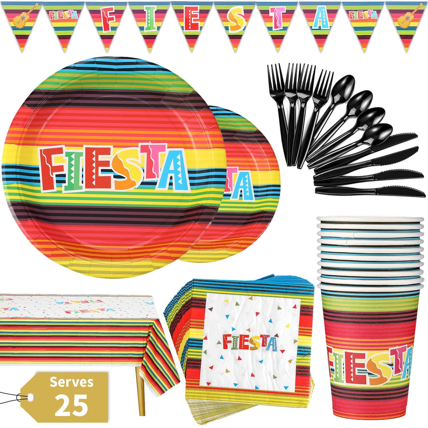 Fiesta Party Supplies 177PCS Mexican Theme Cinco De Mayo Decoration Disposable Dinnerware Set Includes Plates, Cups, Napkins, Spoons, Forks, Knives, Tablecloth and Banner, Serves 25