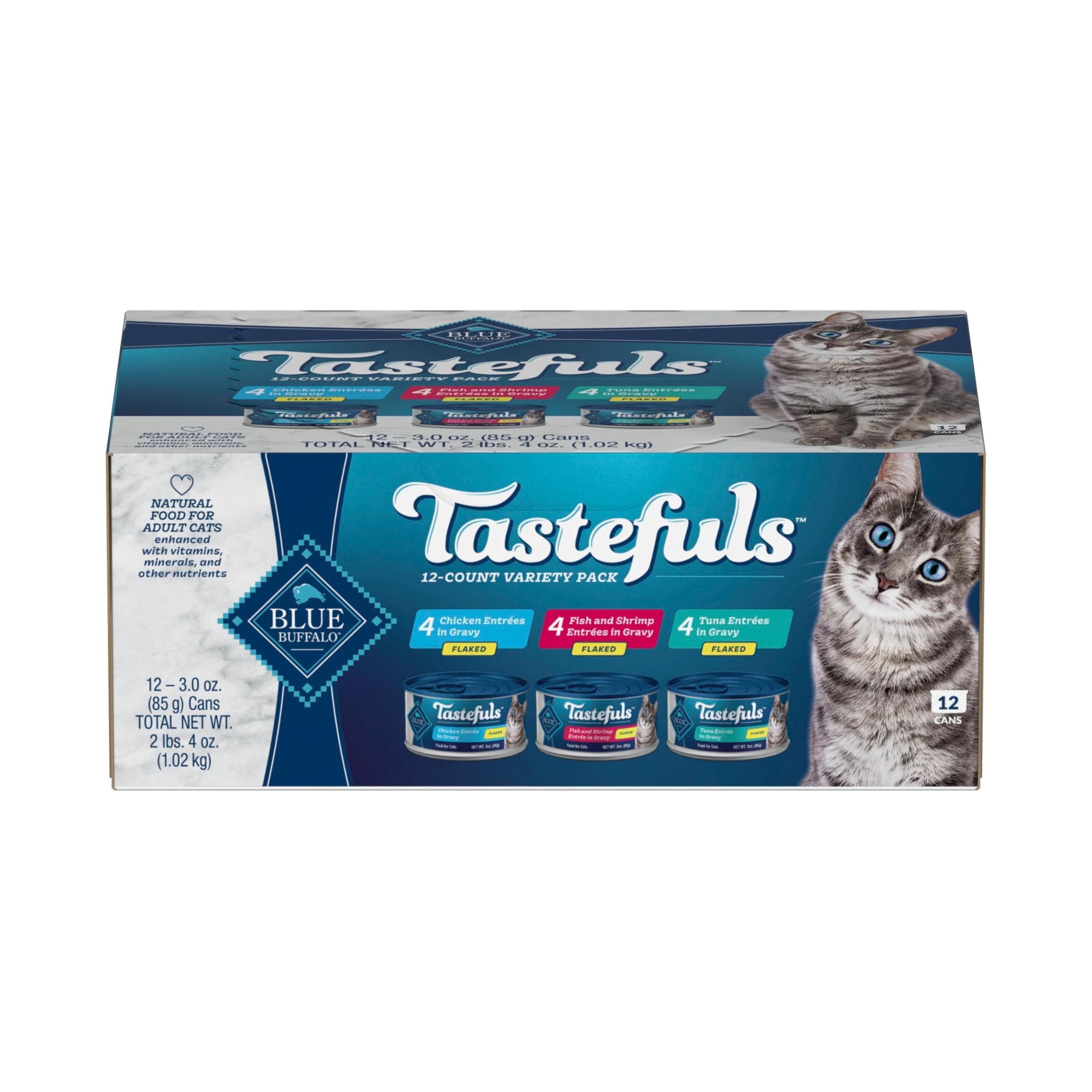 Blue Buffalo Tastefuls Flaked Wet Cat Food Variety Pack, Made with Natural Ingredients, Tuna, Chicken, Fish & Shrimp, 3-oz Cans (12 Count, 4 of Each)