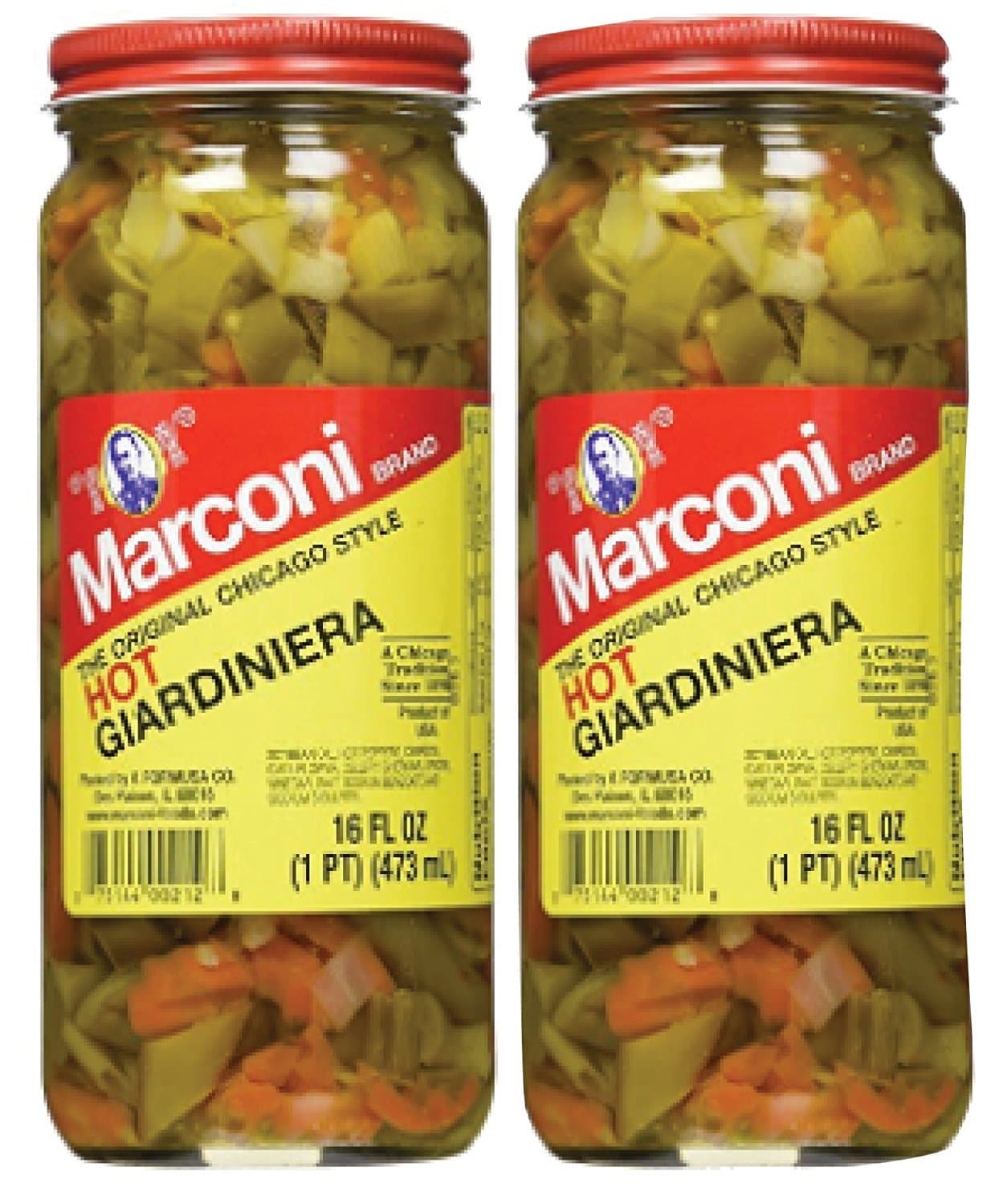 Marconi Hot Giardiniera, Chicago Style Vegetable Mix with Peppers, Carrots, Cauliflower, Celery Gherkins, Bulk Jar, 16oz, (2pack)