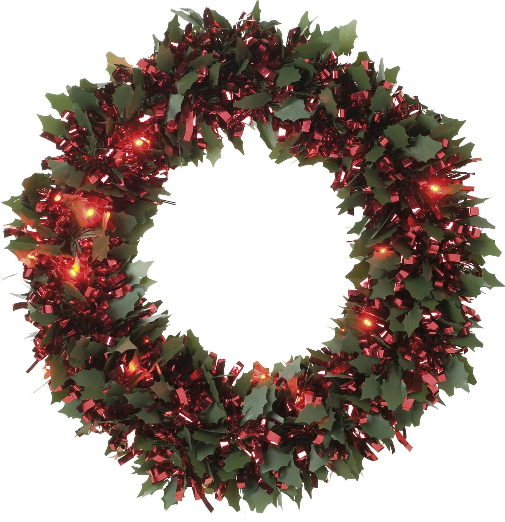 Festive 30cm die cut holly dark pine and red chunky loop tinsel wreath with 25 red battery operated led lights