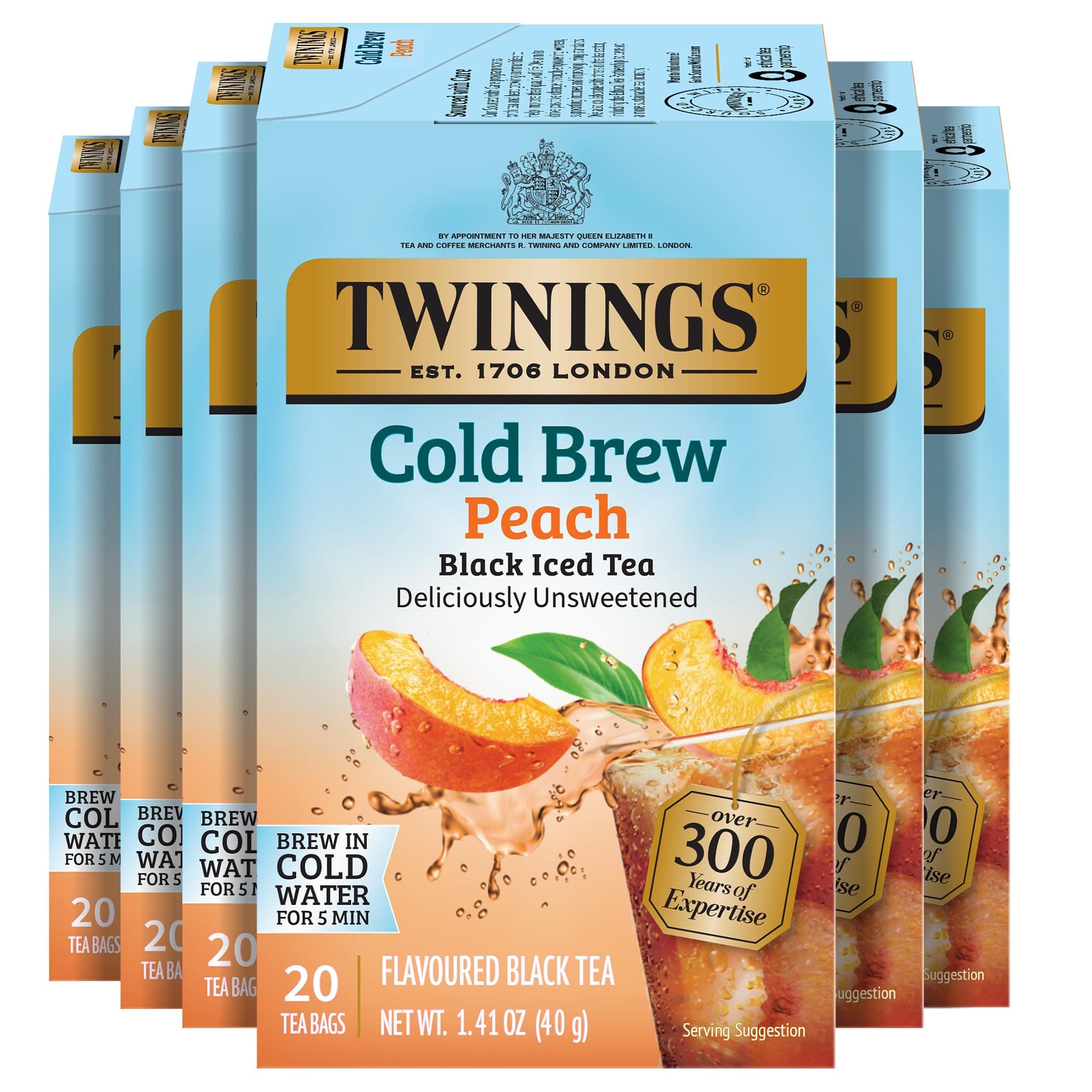 Peach Cold Brew Iced Tea Bags, 20 Count (Pack of 6), Unsweetened Flavoured Black Tea, Caffeinated, 120 Teabags