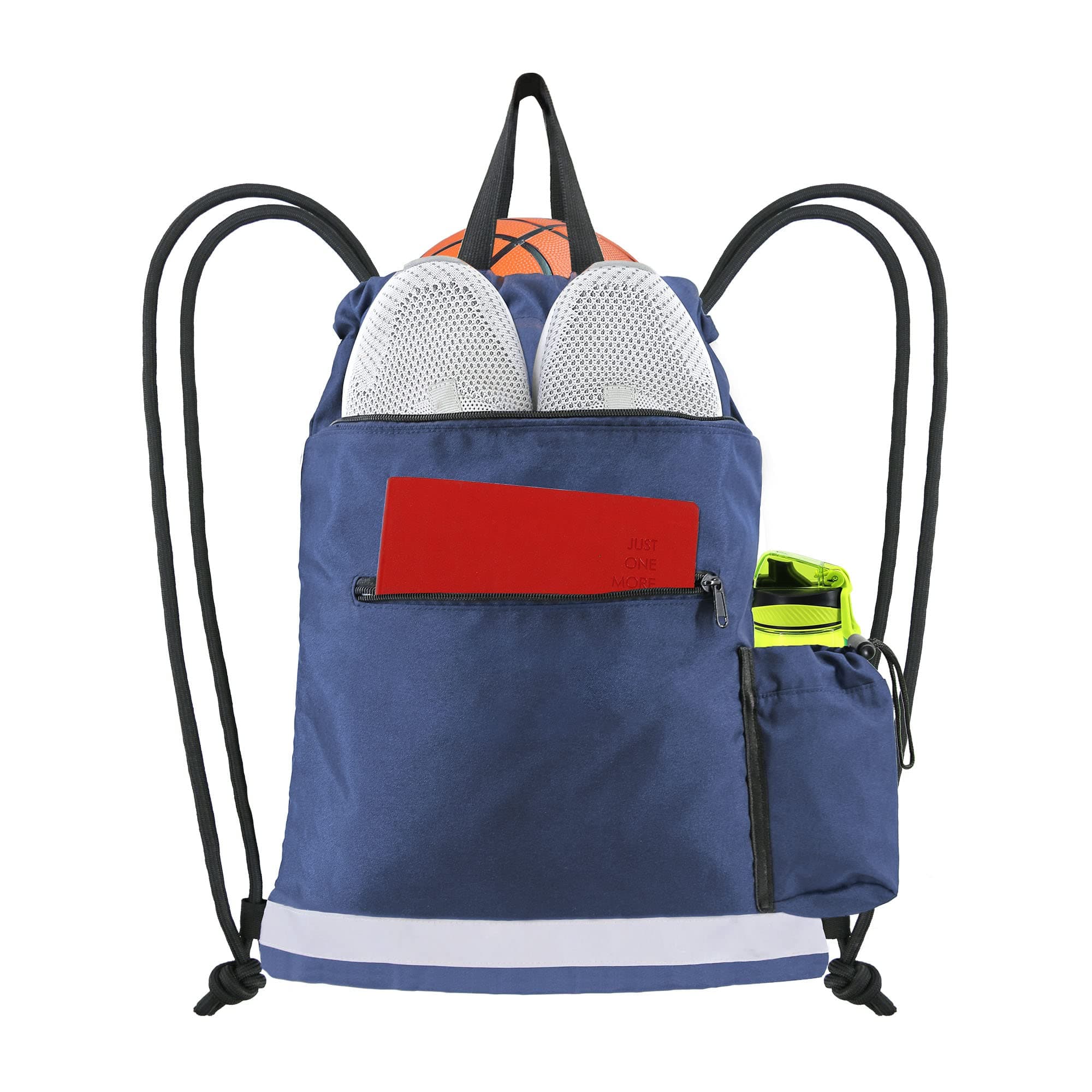 BeeGreen Blue Drawstring Backpack for Sports Gym Cinch Bag w Zipper Front Pocket Heavy Duty Sinch Sack Large Beach Bag Sturdy Workout Sackpck w Side String Pocket 1 Pieces …