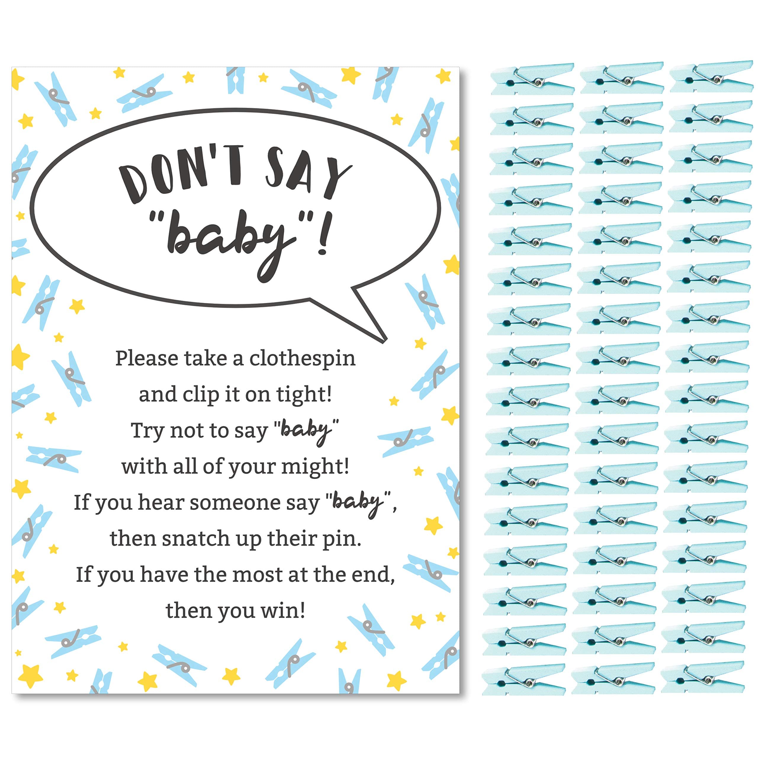 Don’t Say Baby Game for Boys Baby Shower Clothespin Game Includes One 5x7 Sign and 48 Mini Blue Clothespins